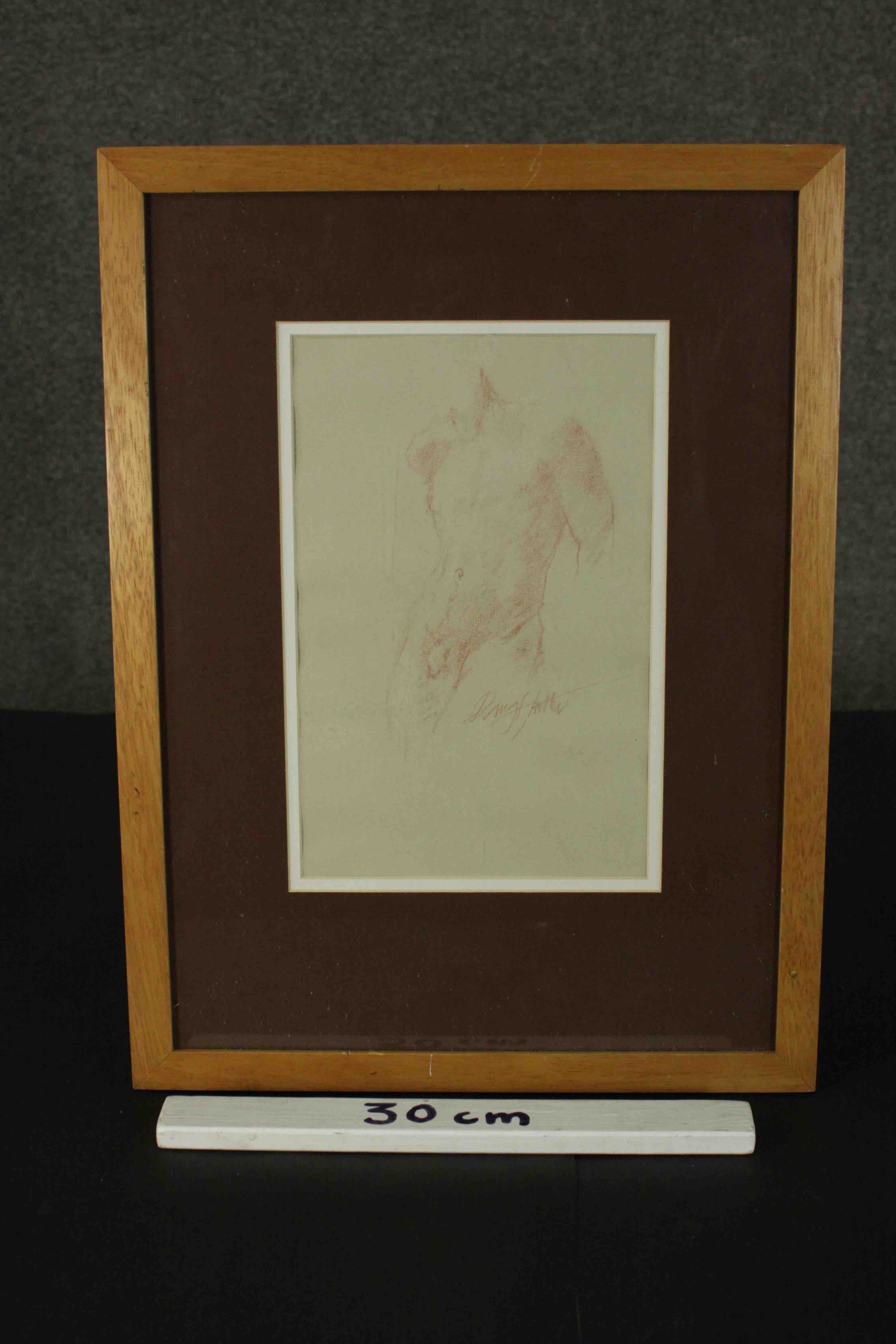 A framed and glazed red pencil drawing of a male nude, indistinctly signed. H.49 W.36cm. - Image 3 of 7