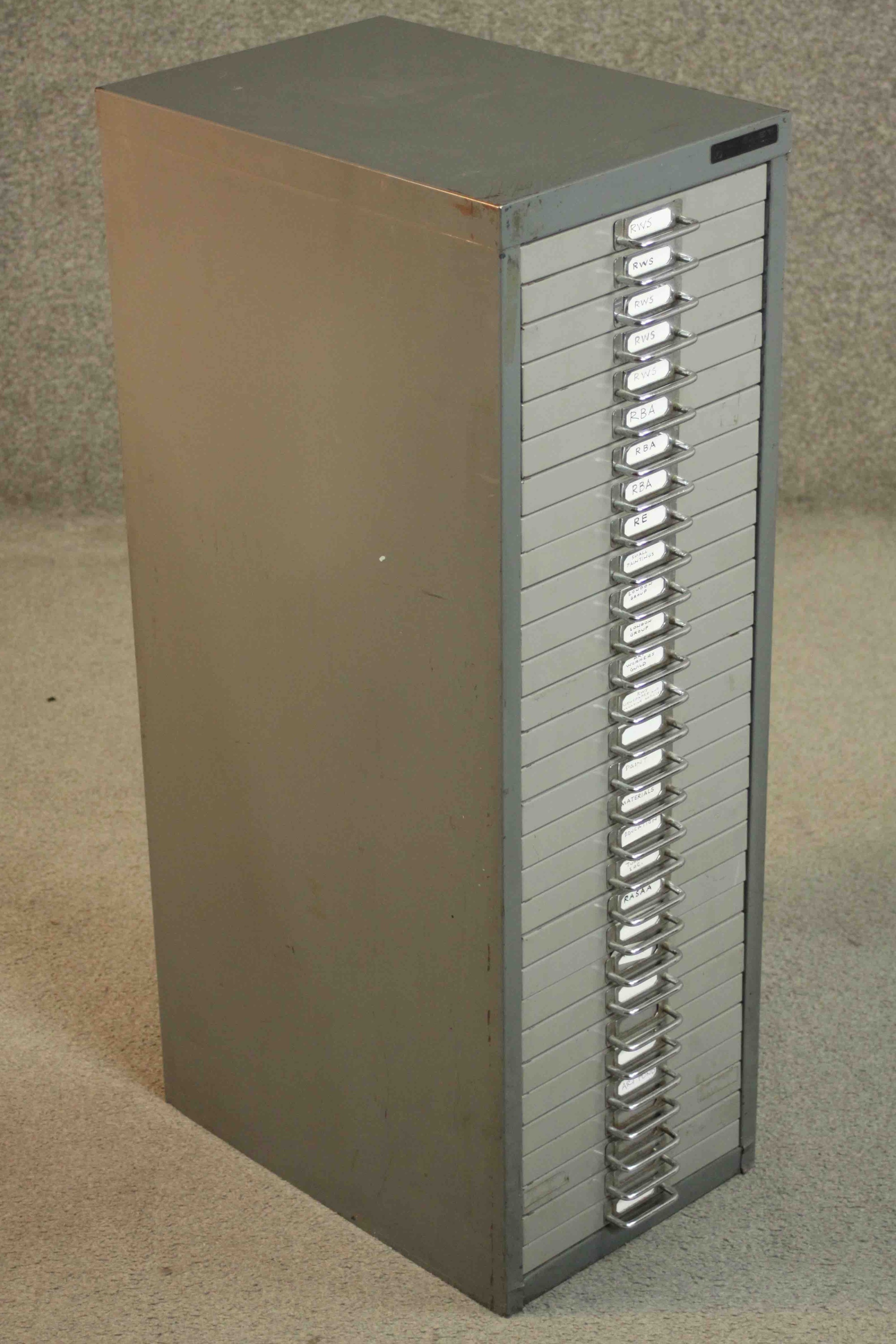 A mid to late 20th century painted steel filing cabinet, in two shades of grey with thirty - Image 3 of 6