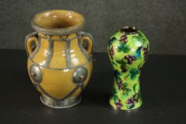 A Korean 99% silver and cloisonné enamel vine design vase along with a Moroccan ceramic vase.