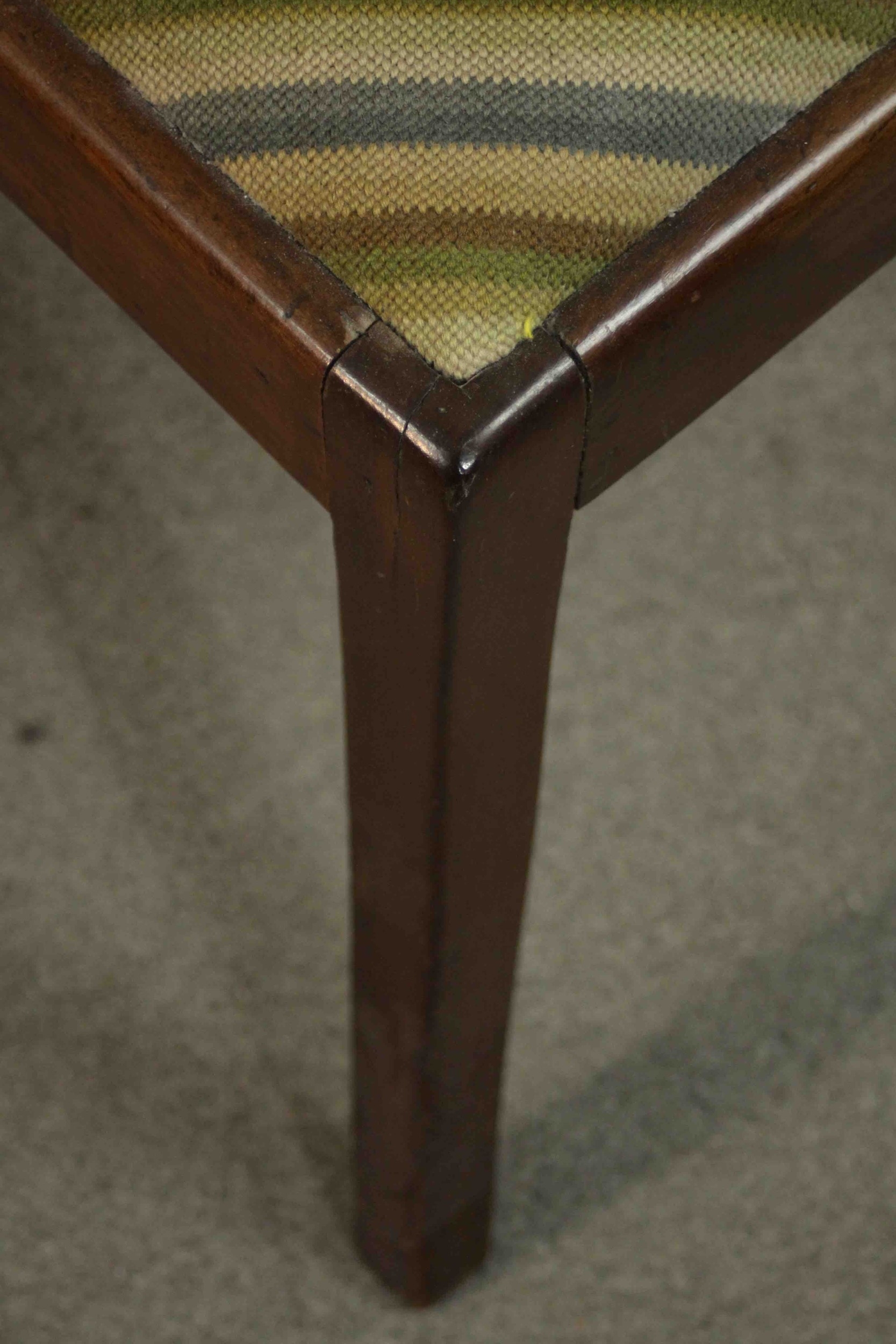 An early 19th century mahogany stool with drop in tapestry seat on sabre supports. H.38 W.42 D.42cm. - Image 5 of 6