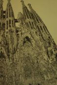 A framed and glazed etching of La Sagrada Familia cathedral in Barcelona, indistinctly signed. H.