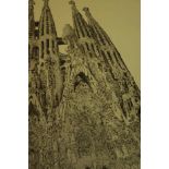 A framed and glazed etching of La Sagrada Familia cathedral in Barcelona, indistinctly signed. H.