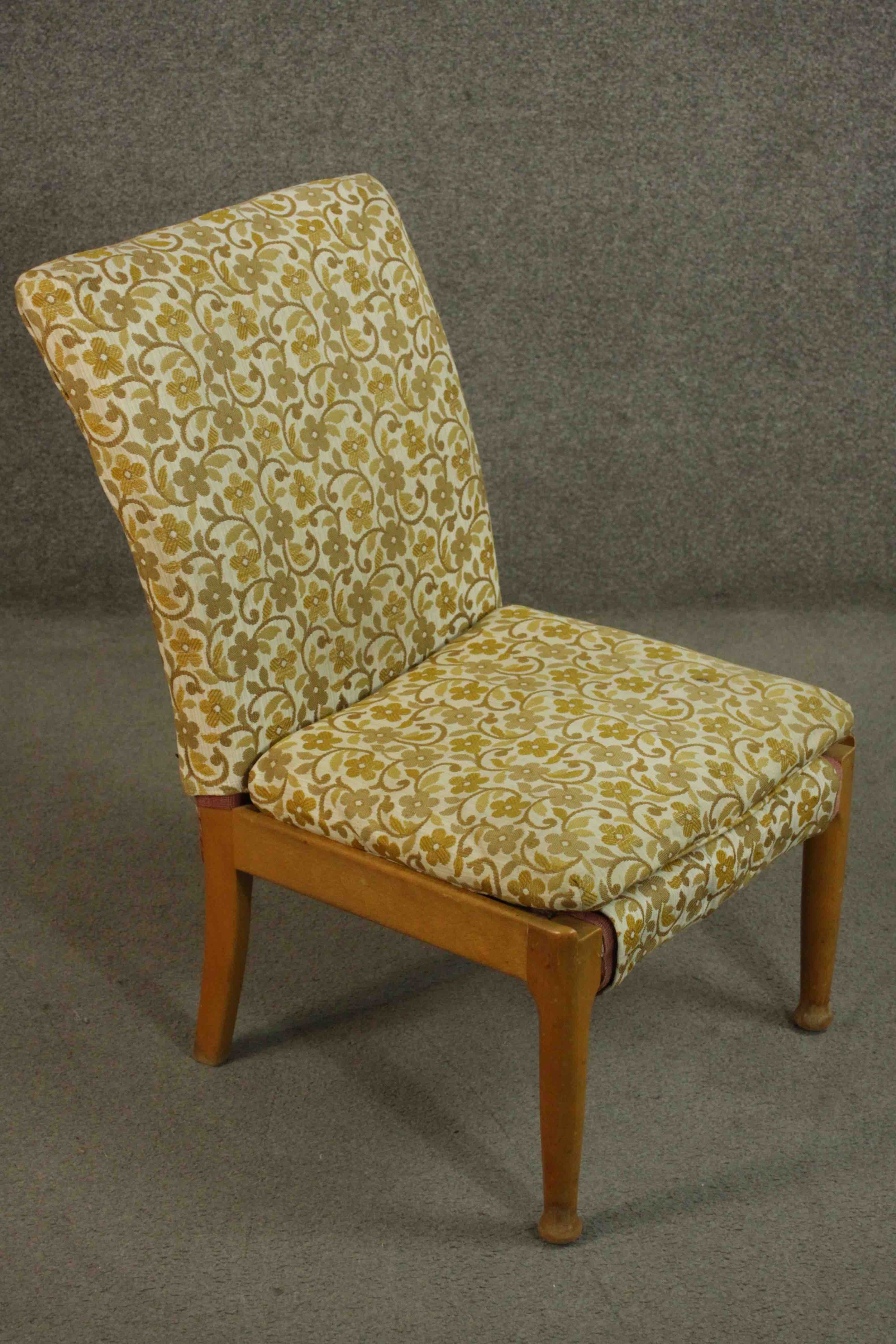 A mid 20th century teak Parker Knoll bedroom chair, upholstered in pink fabric, with a patterned - Image 3 of 11