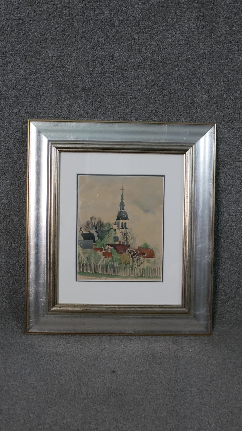 Inga Palmgren, watercolour of a town scene with church spire, signed. H.43 W.38cm - Image 2 of 4