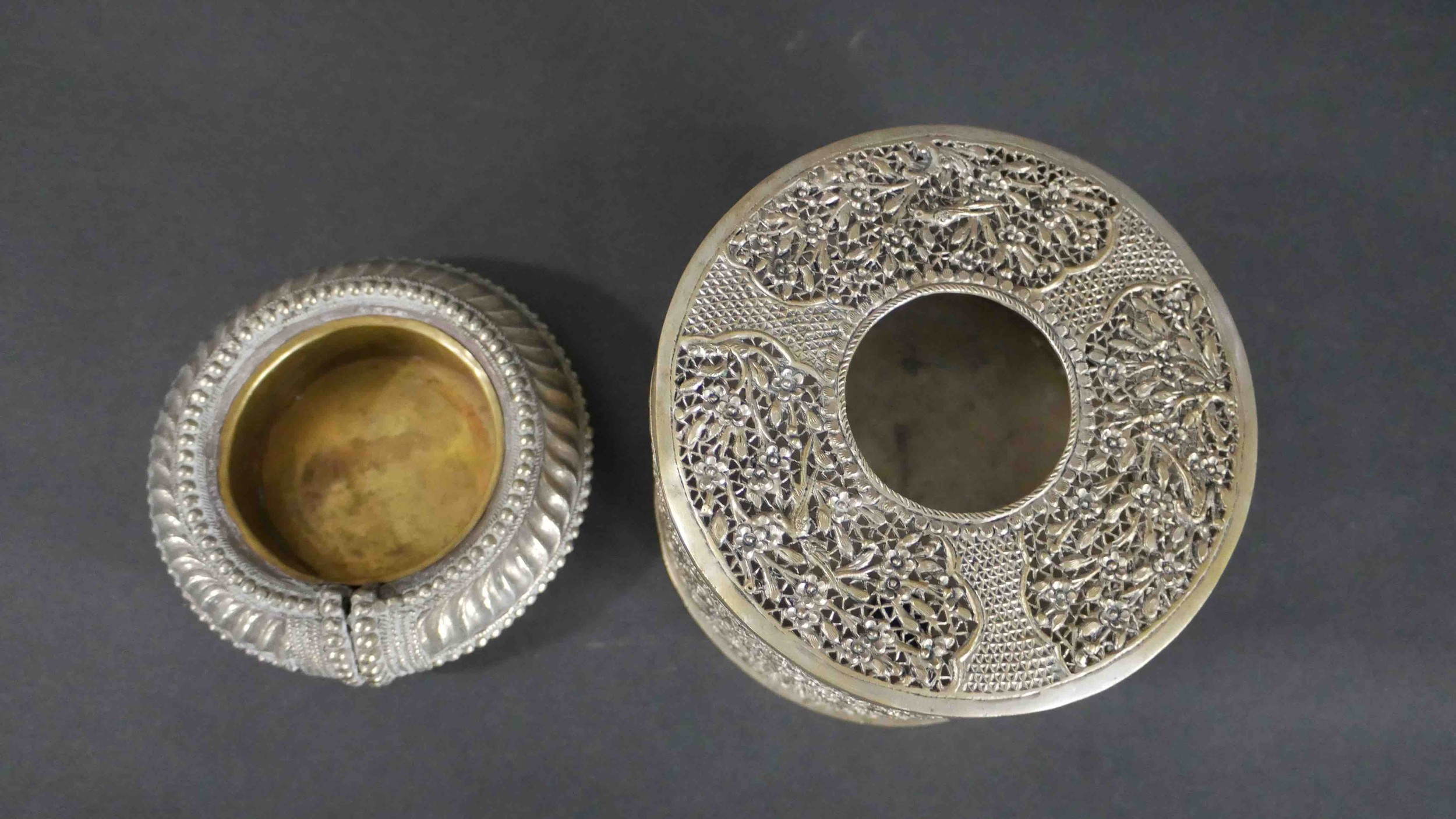 An Oriental pierced silver plate bird and blossom design cover and base along with an Indian brass - Image 5 of 5