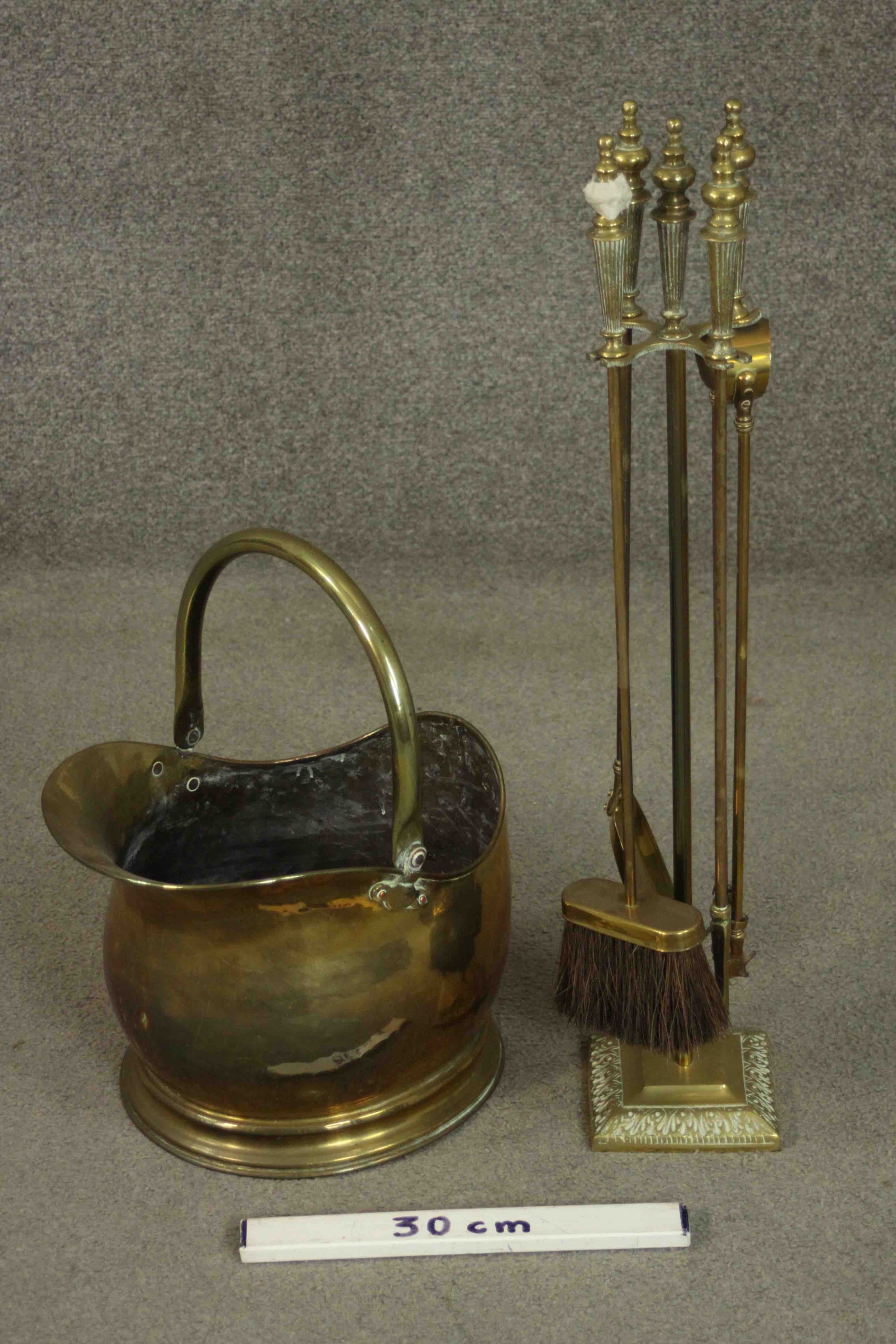 A Victorian brass coal bucket with a swing handle, together with a brass fireside companion set - Image 2 of 6