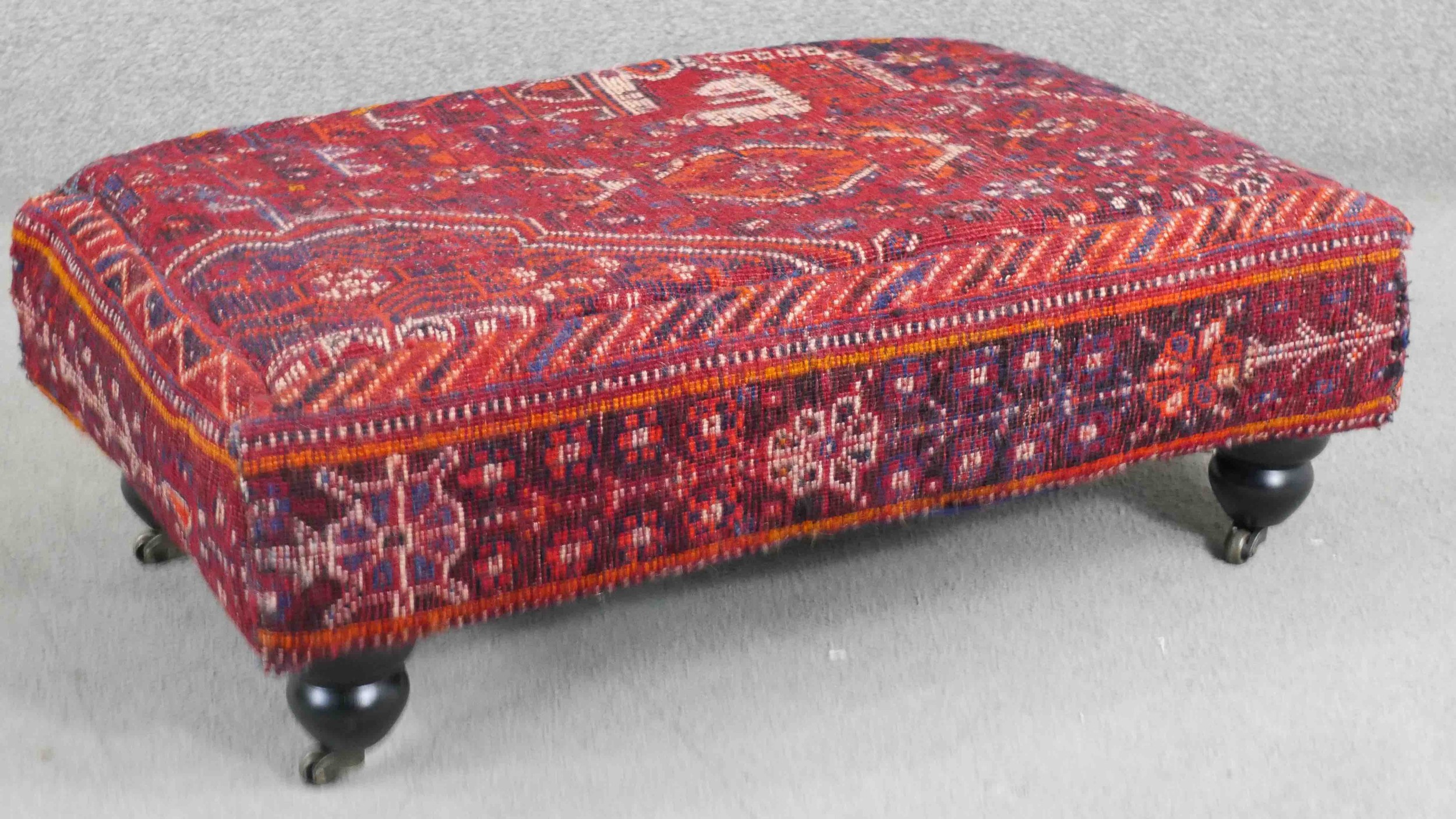 A contemporary rectangular footstool, upholstered in an antique kilim, on turned bulbous legs with - Image 4 of 10