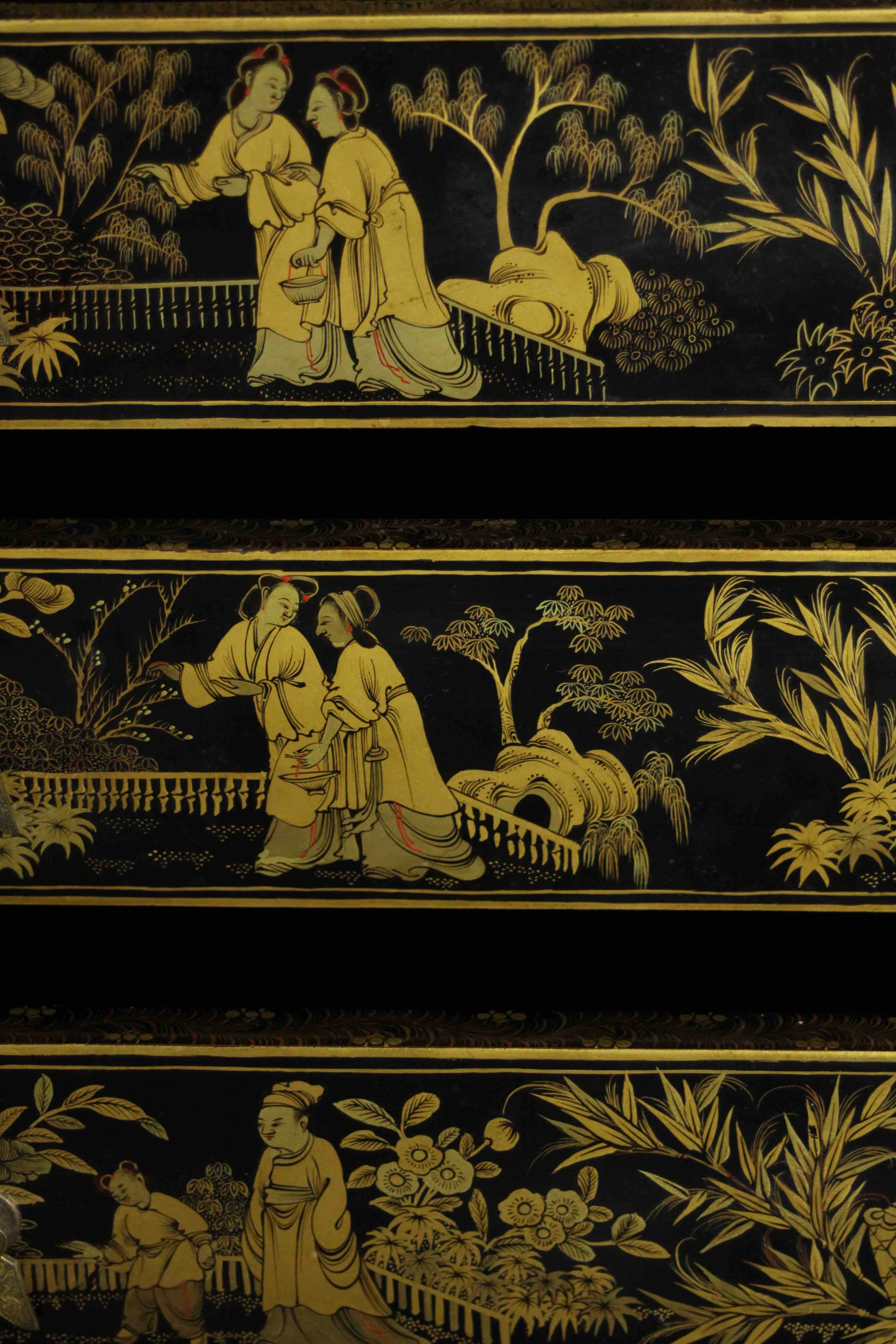 A 19th century Chinese gilt and lacquered table top cabinet with all over hand painted decoration - Image 5 of 7