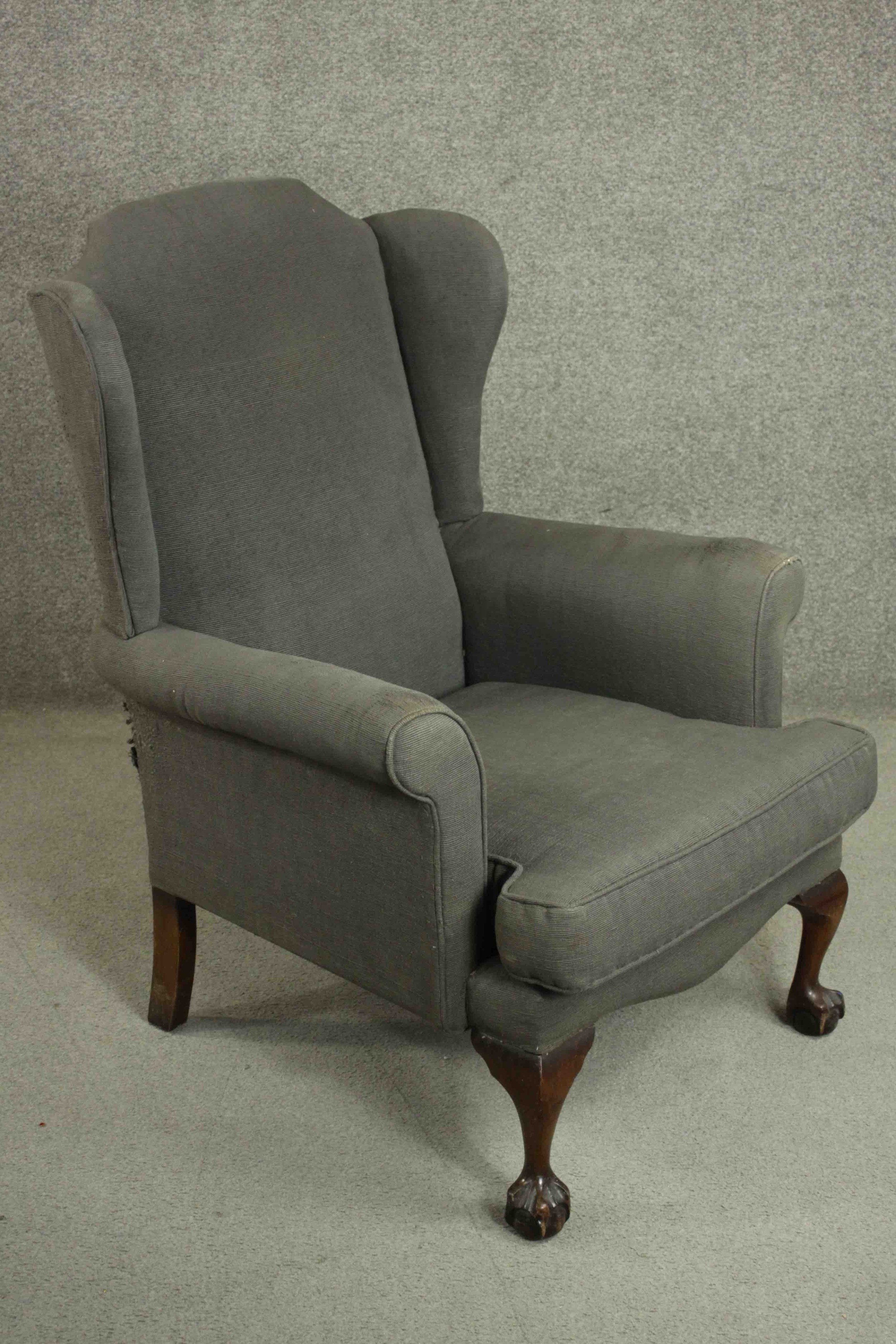 A Victorian wing back armchair, upholstered in grey fabric with scroll arms, on mahogany cabriole - Image 2 of 5