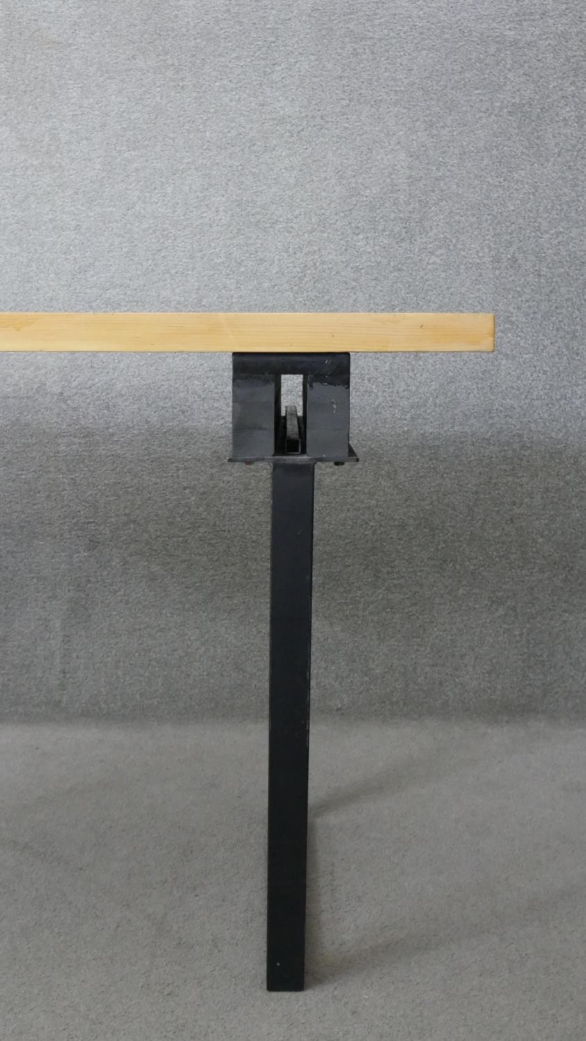 A contemporary pine planked top dining table on metal trestle supports. H.83 W.174 D.72cm - Image 3 of 5
