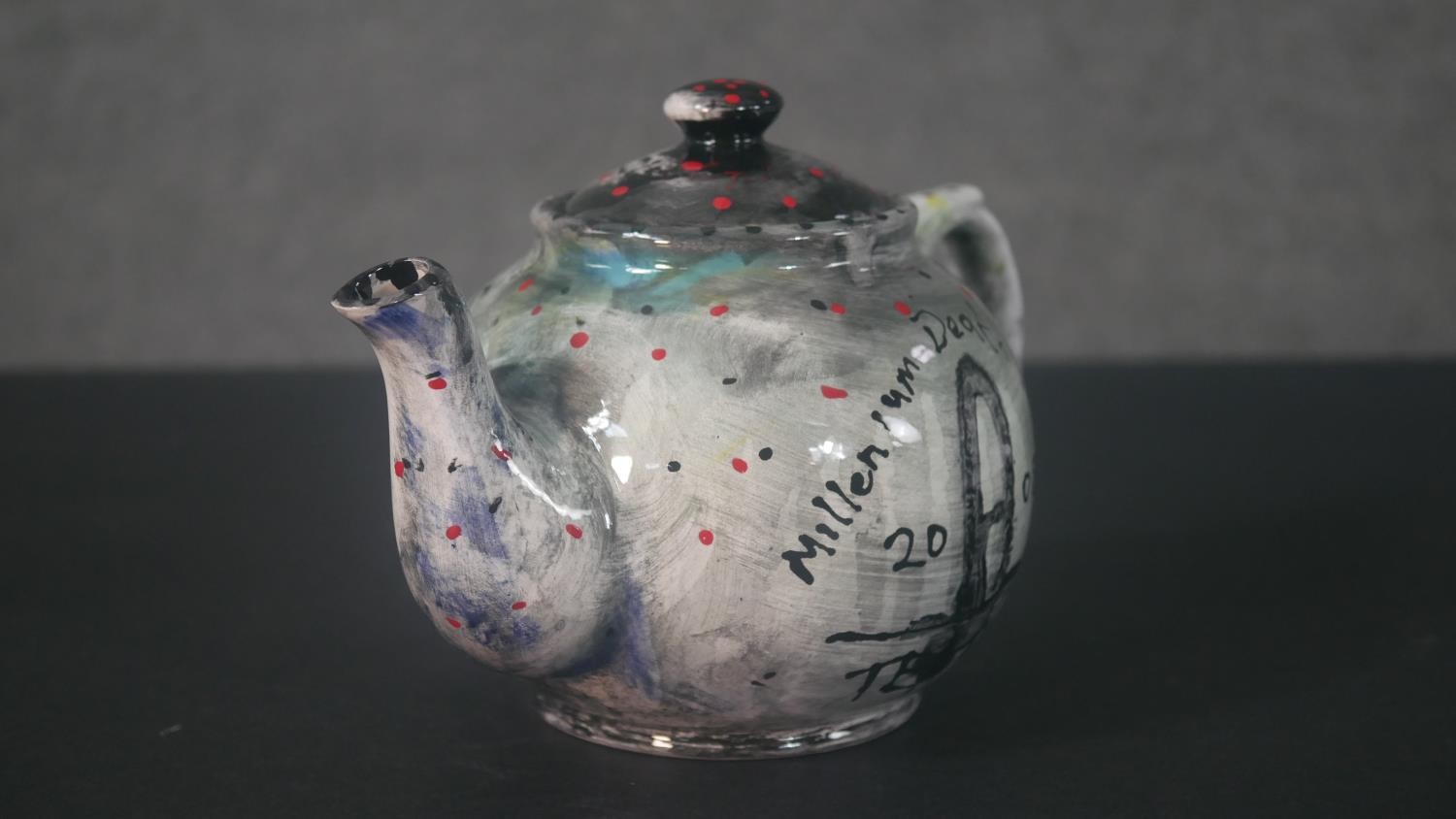 STOT21stCplanB (Harry Adams), 20th Century, Millennium Death Wheel teapot, glazed and hand painted - Image 6 of 13