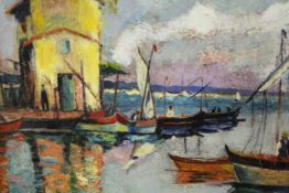 Early to mid 20th century school, Harbour Scene with Sailing Boats, oil on canvas. H.37 W.48cm.