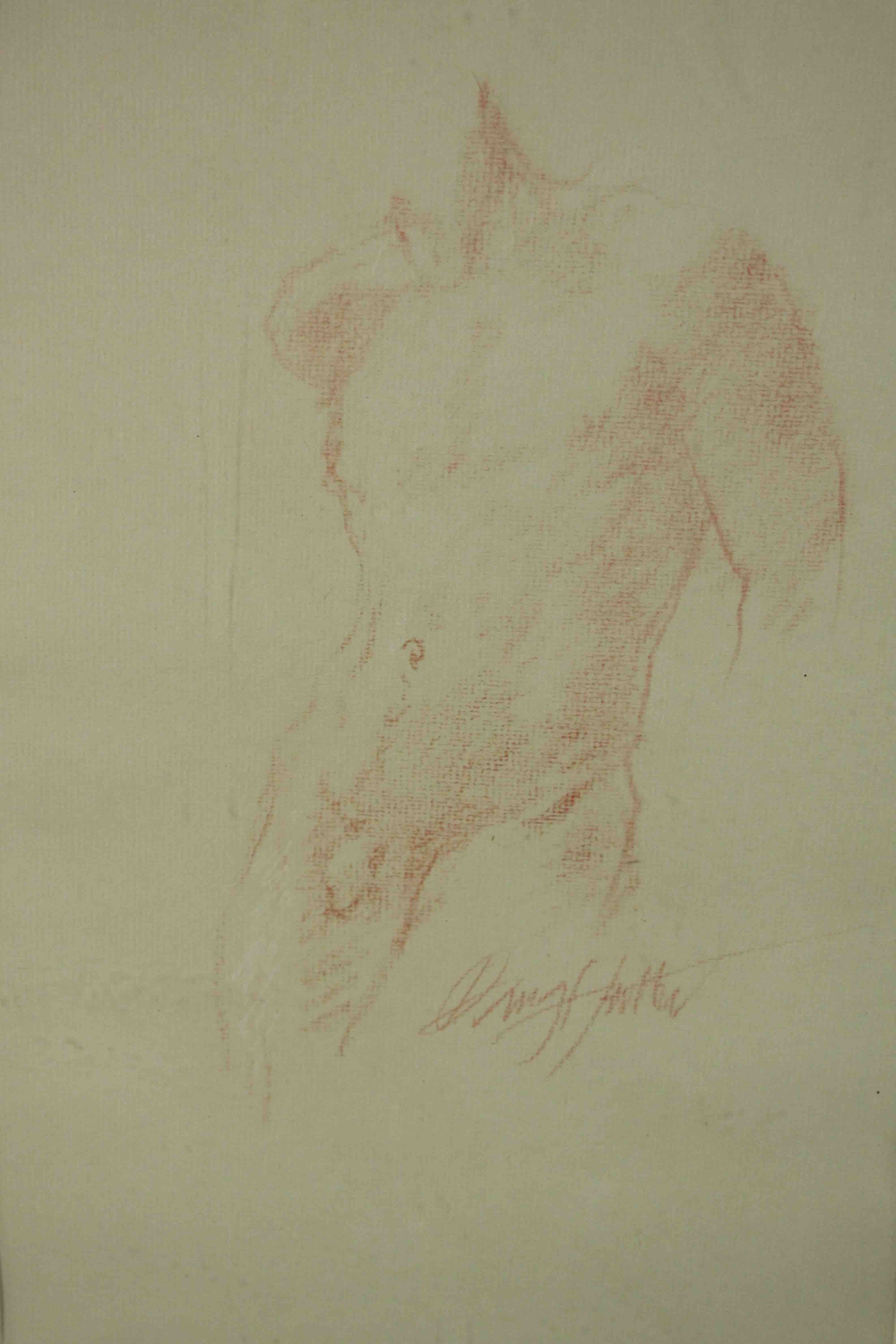 A framed and glazed red pencil drawing of a male nude, indistinctly signed. H.49 W.36cm. - Image 4 of 7