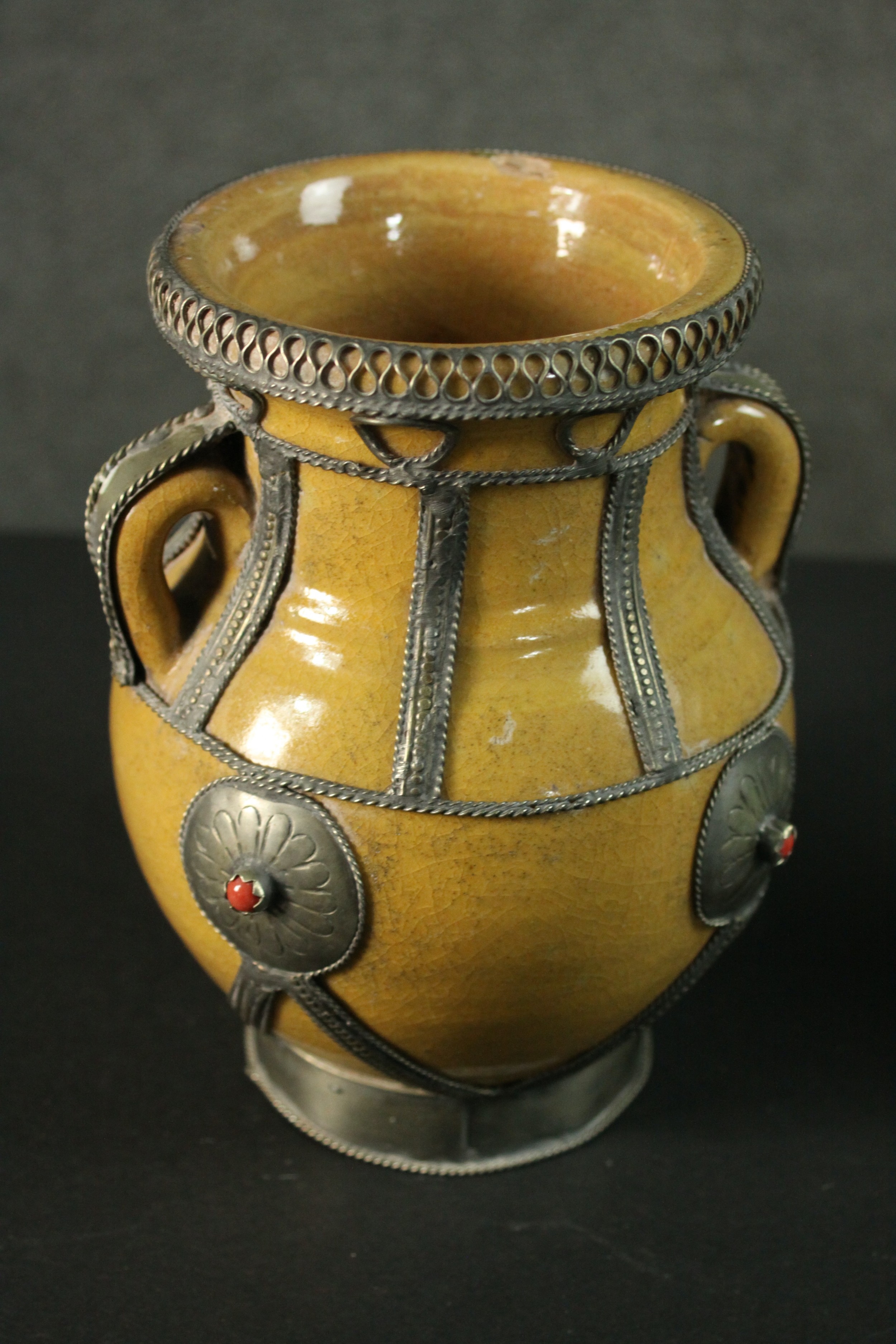 A Korean 99% silver and cloisonné enamel vine design vase along with a Moroccan ceramic vase. - Image 3 of 7