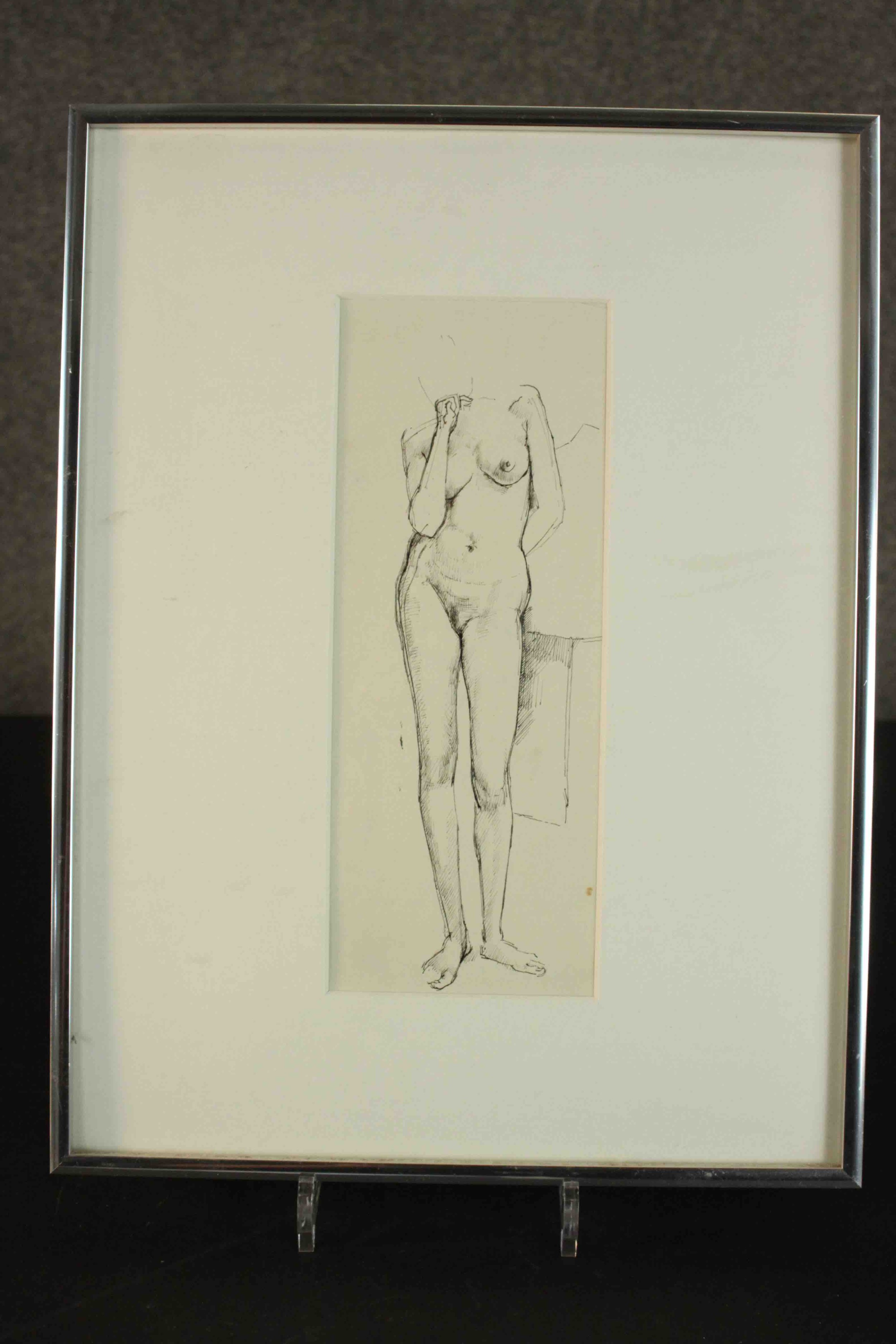 A framed and glazed pen and ink sketch of a female nude, unsigned. H.42 W.31cm. - Image 2 of 5