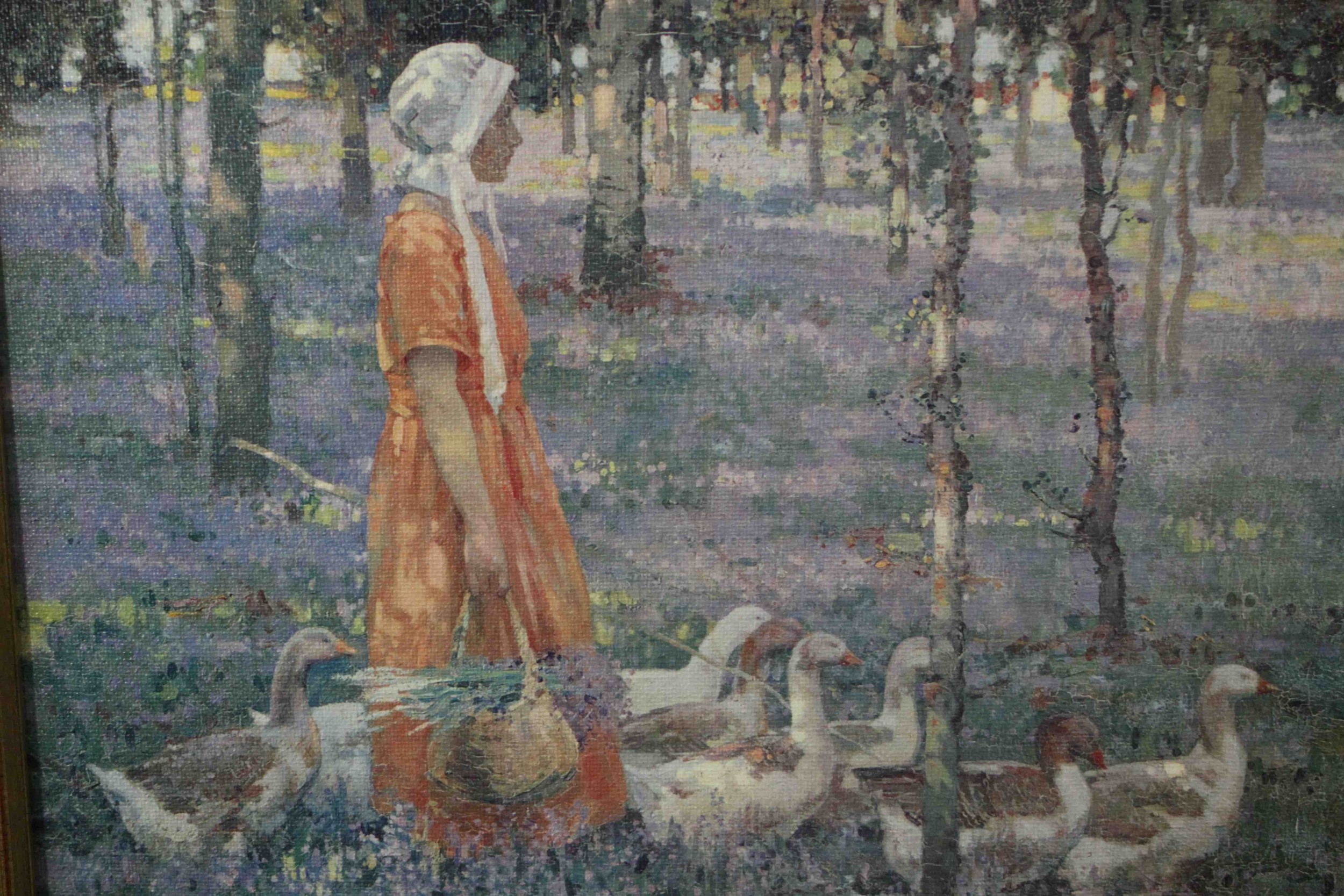 19th century school, Girl Walking with Geese, oleograph print on canvas. H.48 W.60cm.