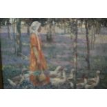 19th century school, Girl Walking with Geese, oleograph print on canvas. H.48 W.60cm.