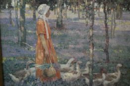 19th century school, Girl Walking with Geese, oleograph print on canvas. H.48 W.60cm.