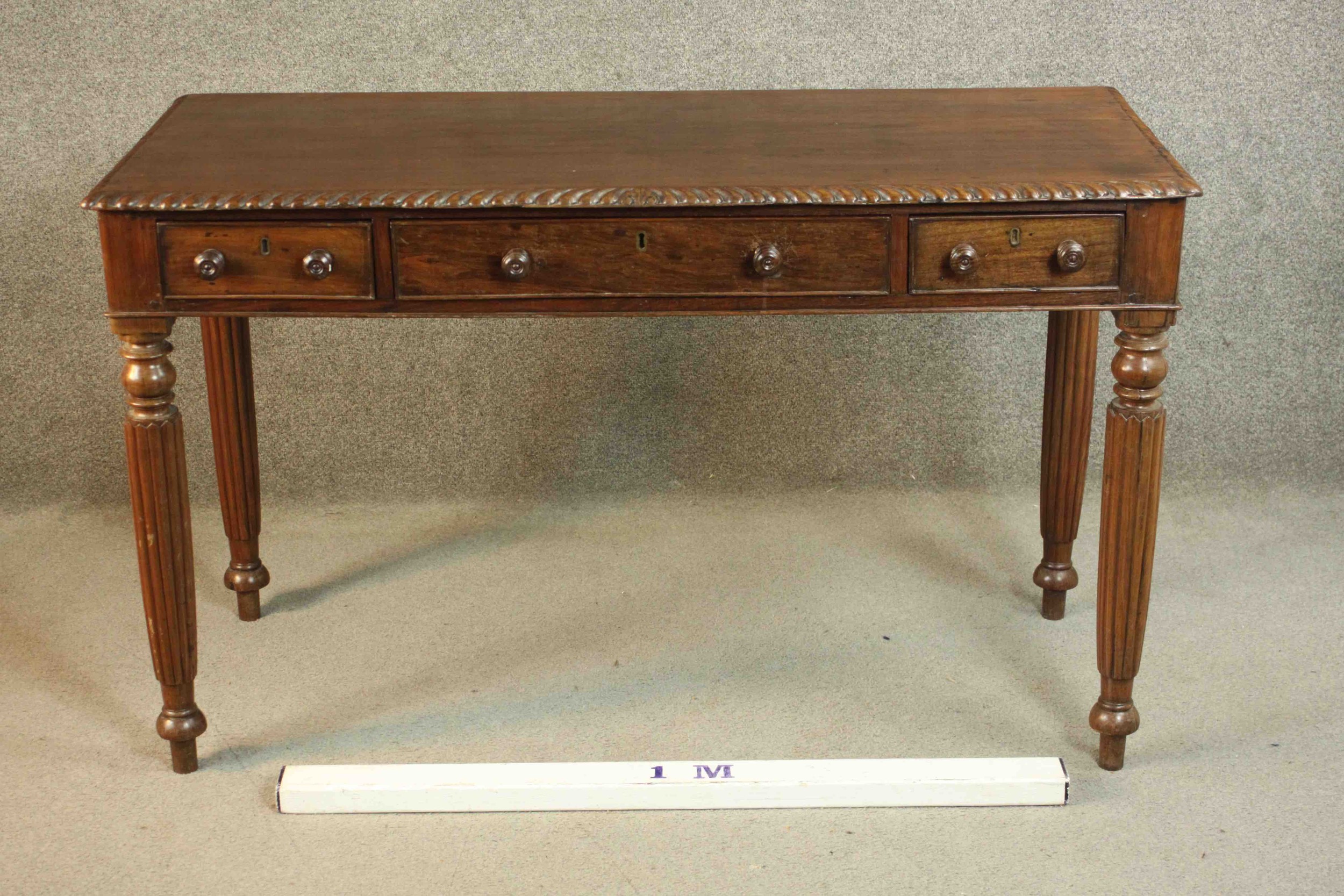 A George III Anglo-Indian side table, the rectangular top with a gadrooned edge, over three short - Image 2 of 13