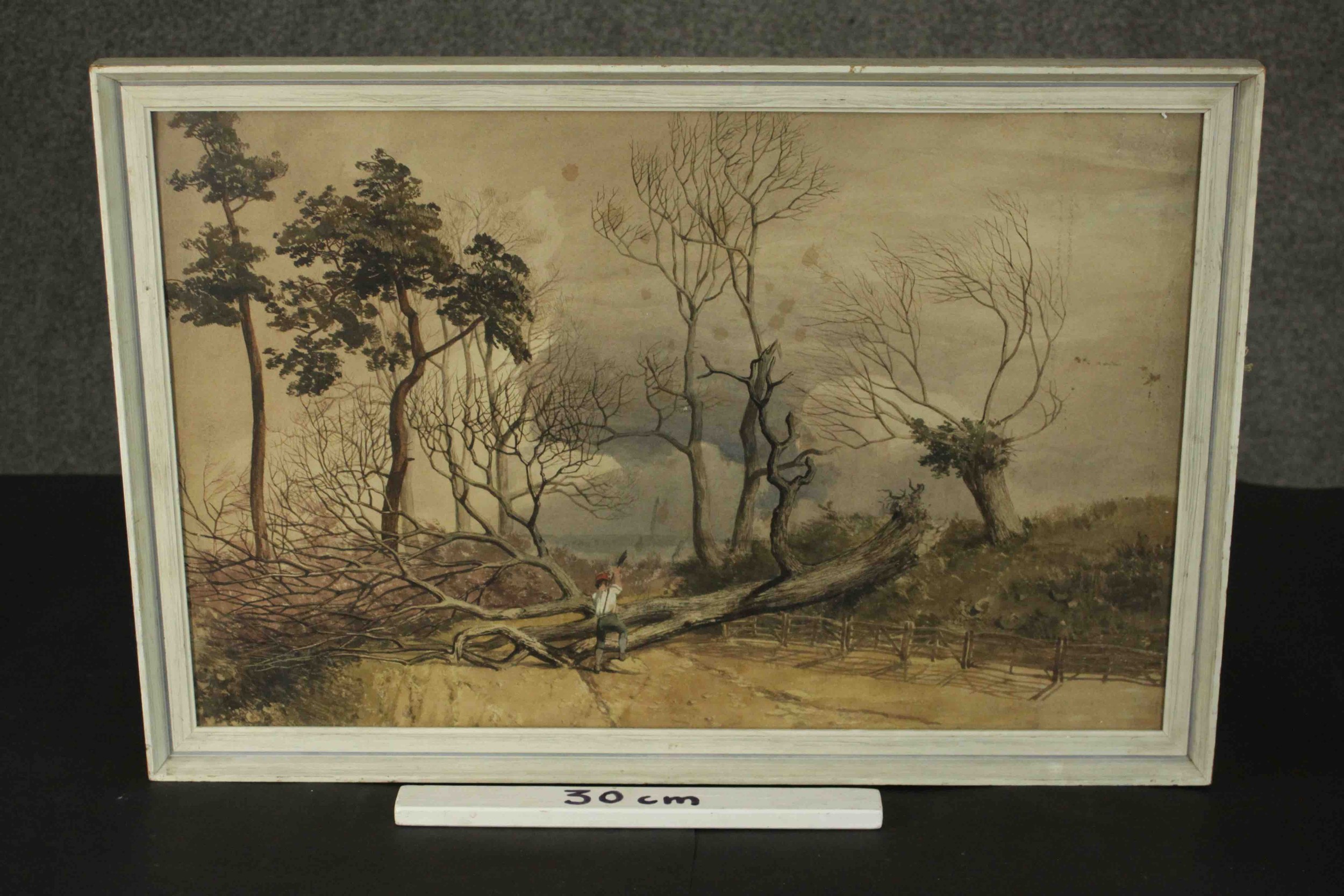 A framed and glazed watercolour, woodsman at work. Unsigned. H.46 W.69cm. - Image 3 of 7