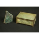 A 19th century jade panel and engraved brass jewellery box along with a piece of malachite. H.6 W.13