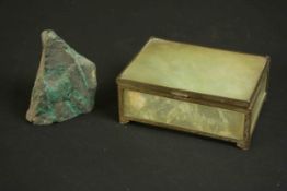 A 19th century jade panel and engraved brass jewellery box along with a piece of malachite. H.6 W.13