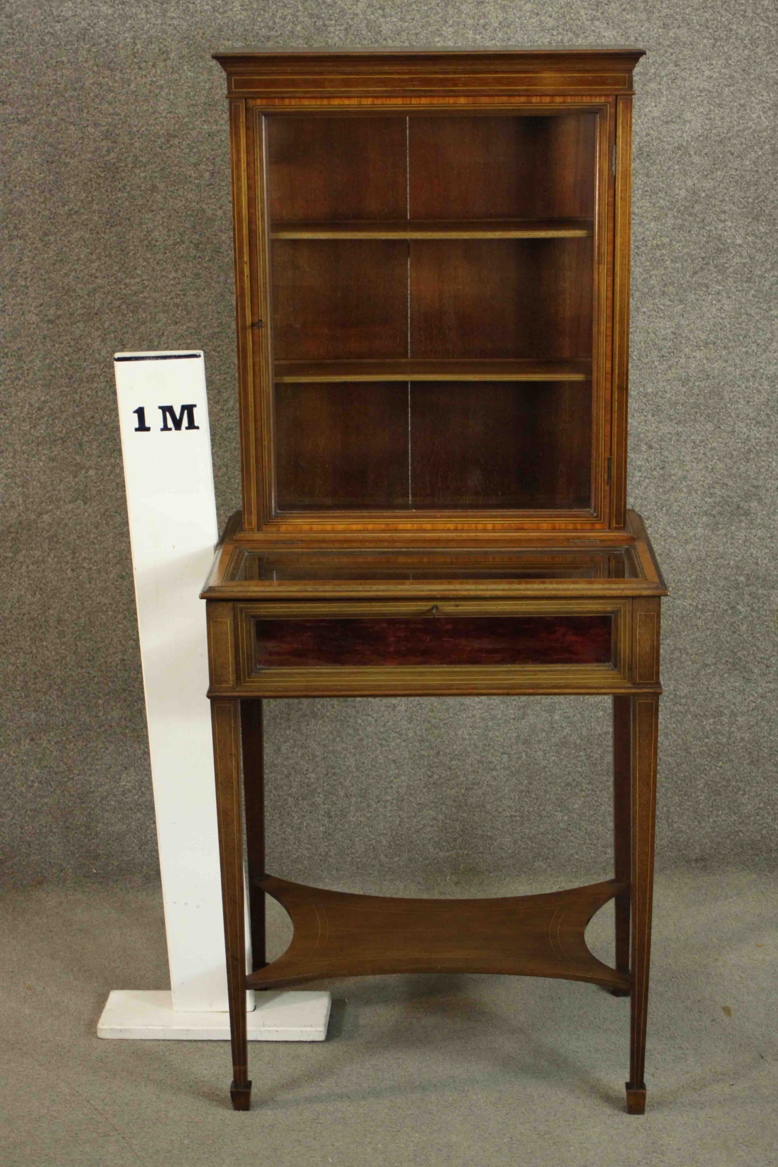 An Edwardian Sheraton revival display cabinet, crossbanded with satinwood and line inlaid, the upper - Image 2 of 9