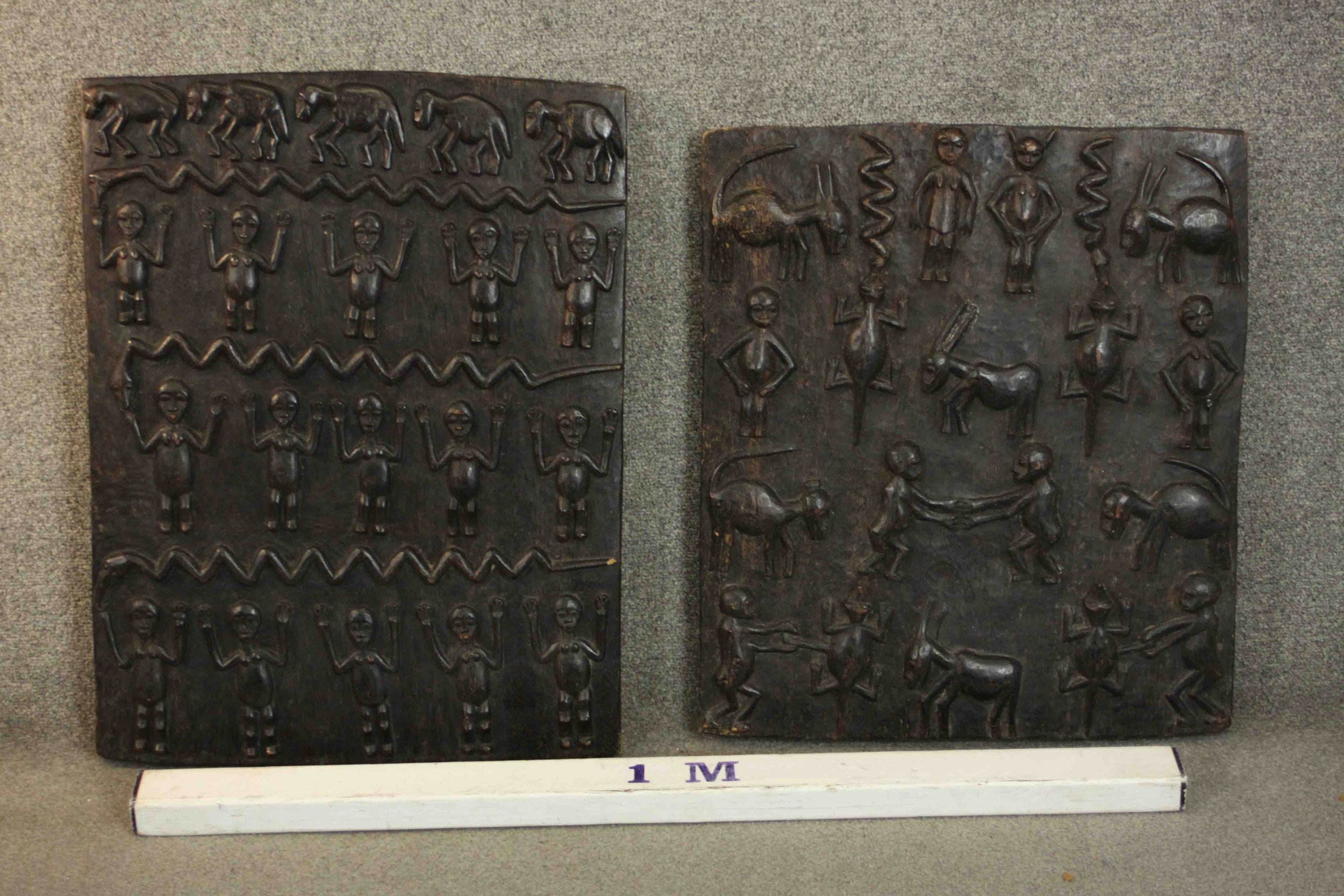 Two early 20th century African tribal carved panels depicting animals and figures. H.70 W.50cm.( - Image 2 of 8