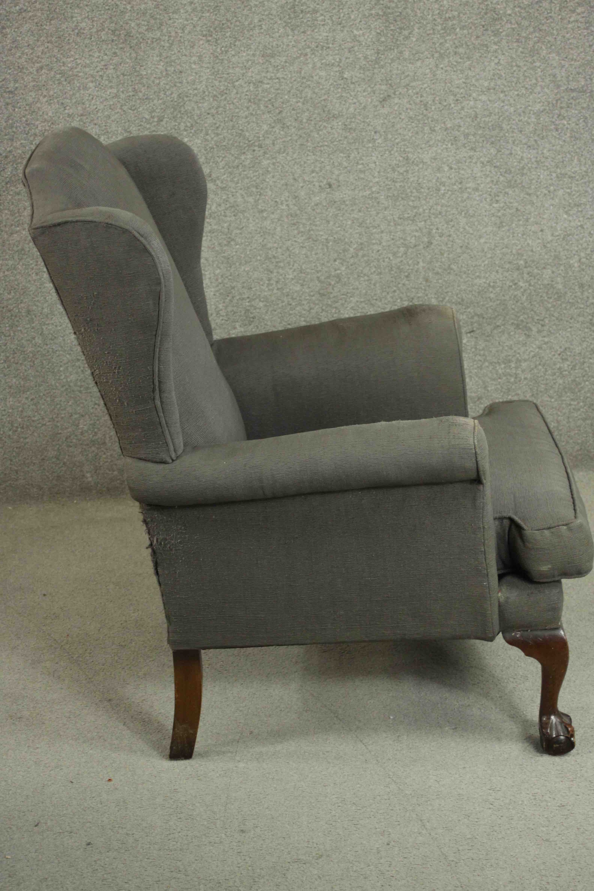 A Victorian wing back armchair, upholstered in grey fabric with scroll arms, on mahogany cabriole - Image 3 of 5