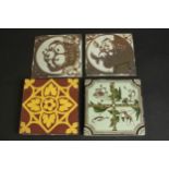 Four 19th century hand painted tiles, one by Minton, each with various designs. L.15 W.15cm. (