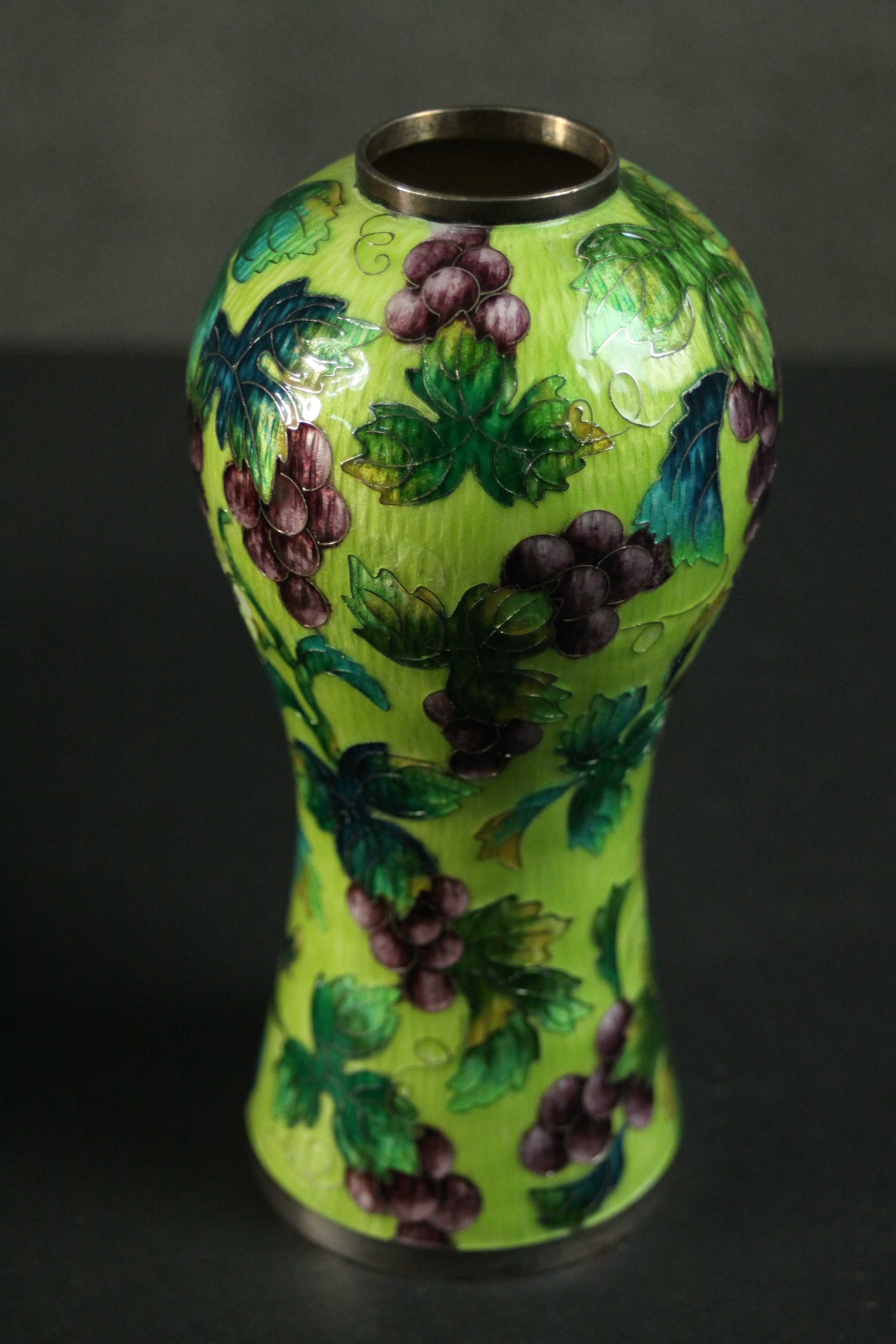 A Korean 99% silver and cloisonné enamel vine design vase along with a Moroccan ceramic vase. - Image 5 of 7