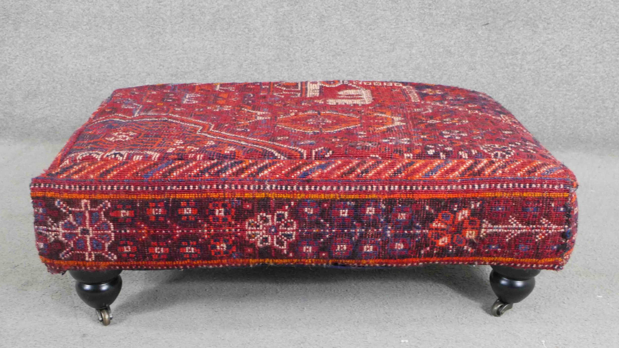 A contemporary rectangular footstool, upholstered in an antique kilim, on turned bulbous legs with - Image 9 of 10