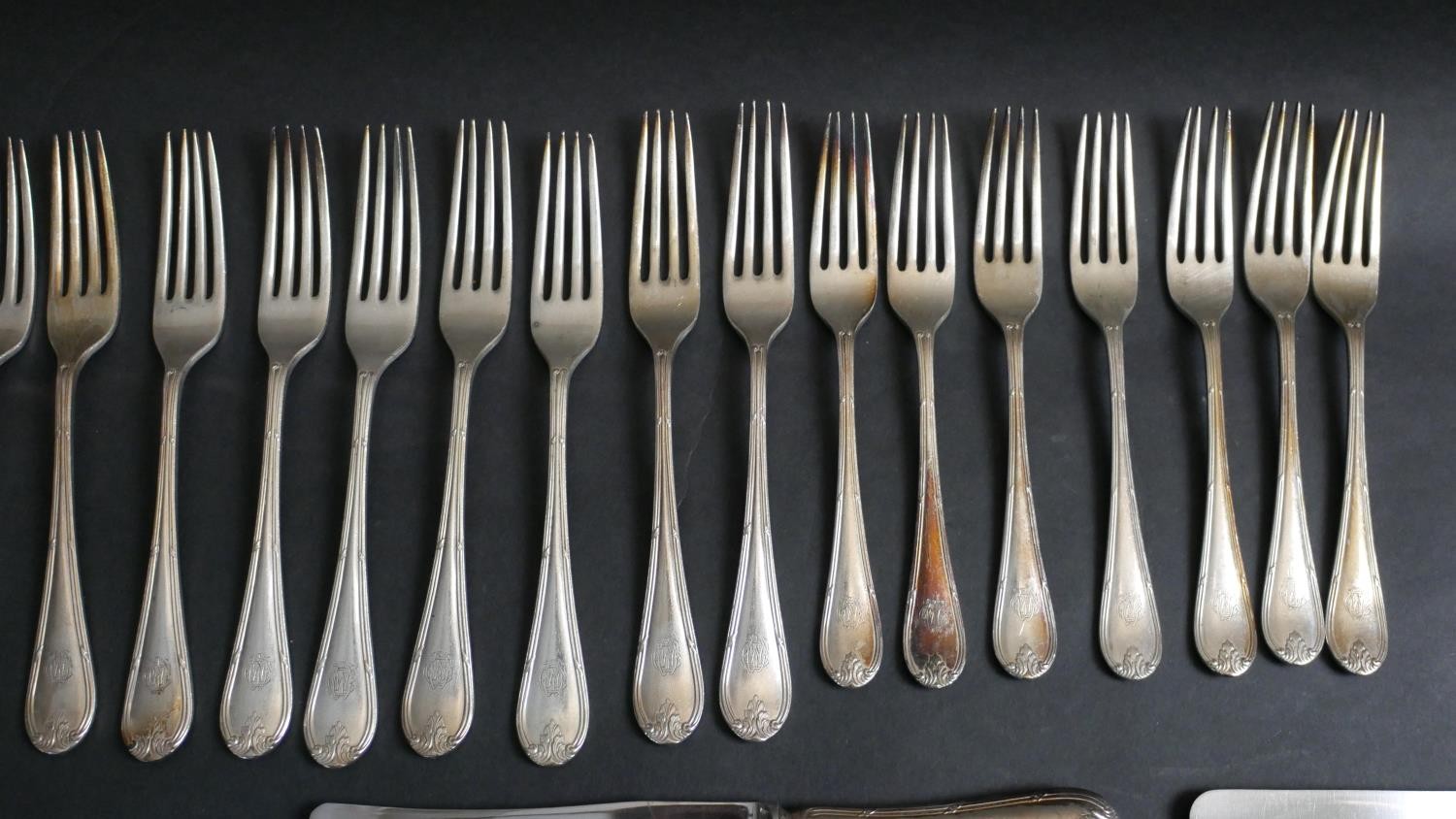 A collection of forty pieces of Mappin and Webb silver plated cutlery. Each piece with an engraved - Image 2 of 7