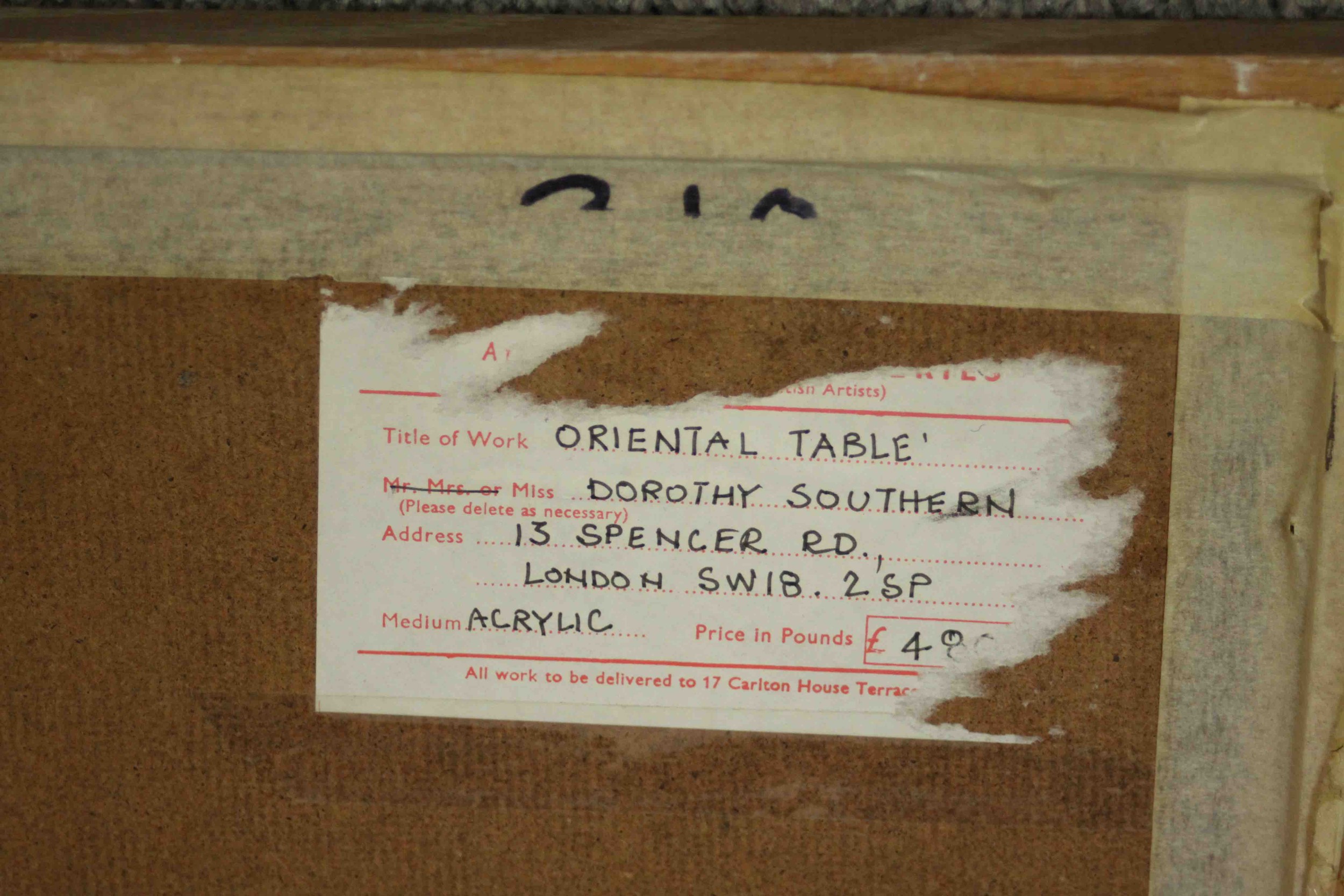 Dorothy Southern, Oriental Table, acrylic on board, signed lower left, with label verso. H.73 W. - Image 6 of 7