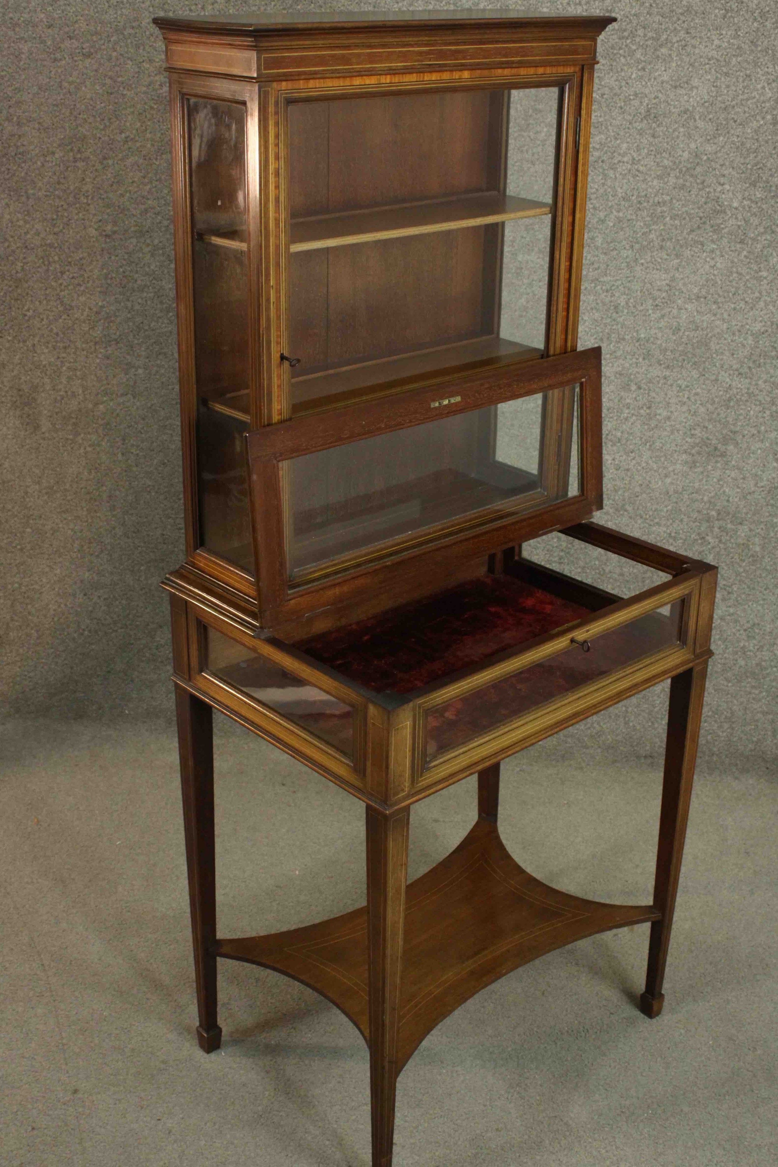 An Edwardian Sheraton revival display cabinet, crossbanded with satinwood and line inlaid, the upper - Image 7 of 9