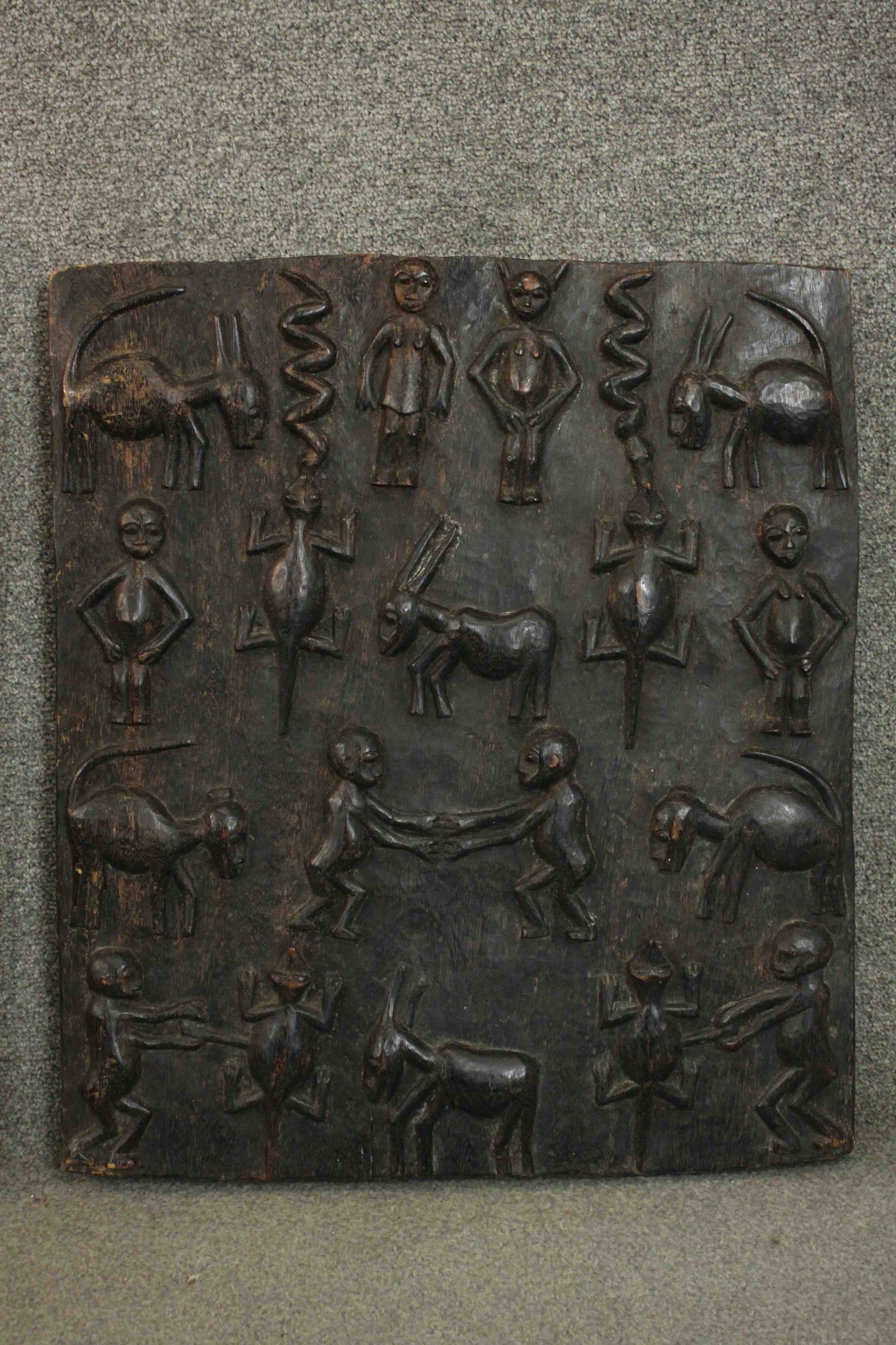 Two early 20th century African tribal carved panels depicting animals and figures. H.70 W.50cm.( - Image 6 of 8