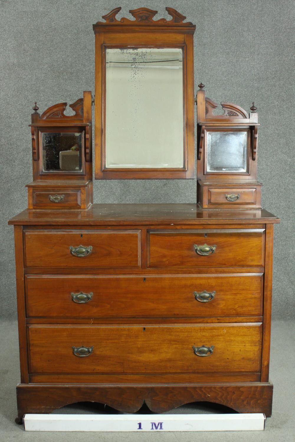 A late Victorian walnut dressing chest, with a central bevelled swing frame mirror, flanked by two - Image 2 of 11