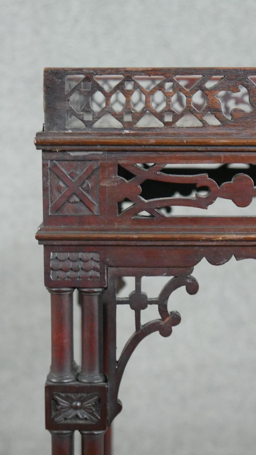 A late Victorian Chippendale style mahogany jardiniere stand, the square top with a pierced - Image 4 of 6