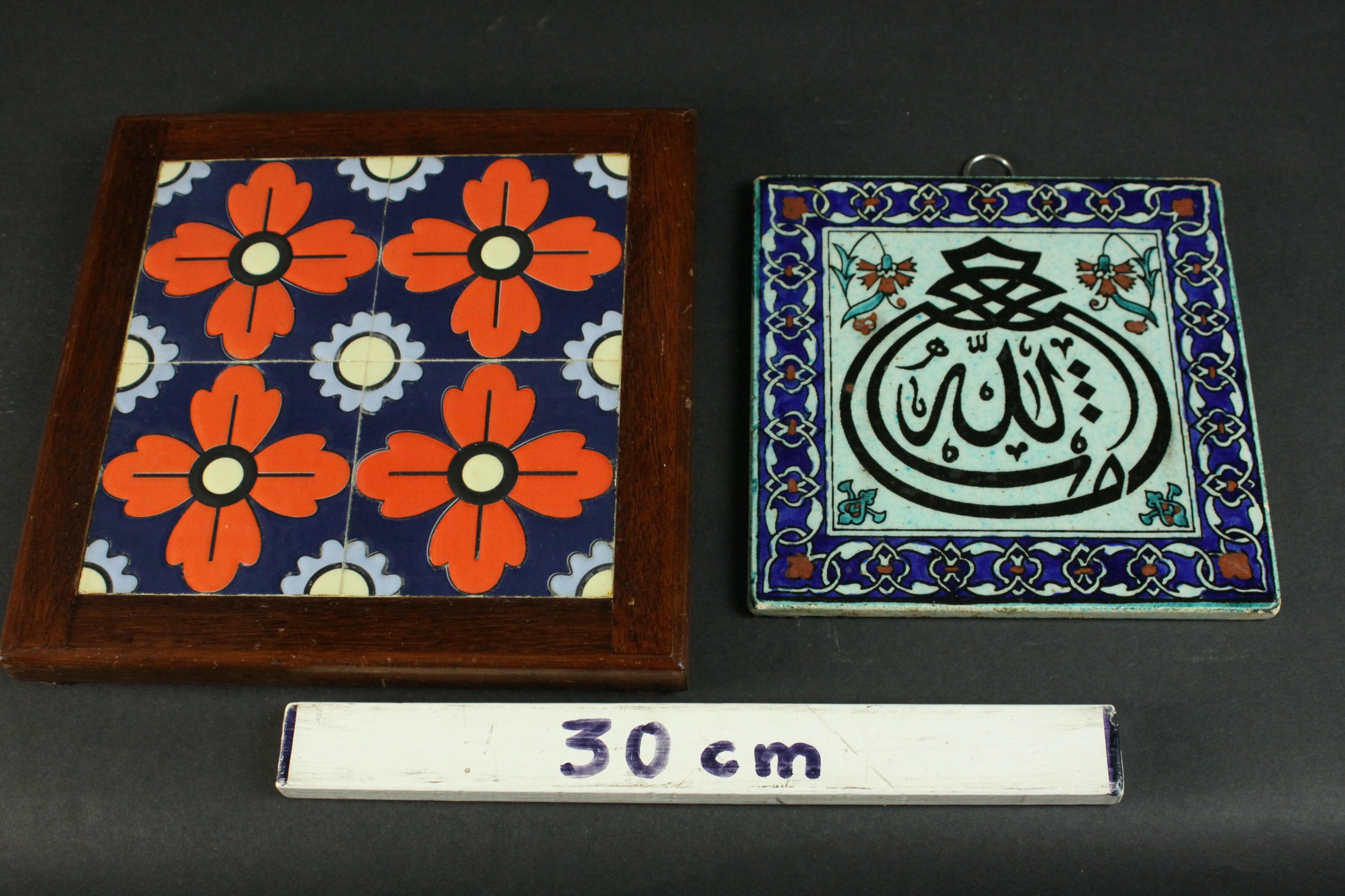 A framed Greek floral design ceramic tile by Arthur Zaaro along with an Indo-Persian calligraphic - Image 2 of 6