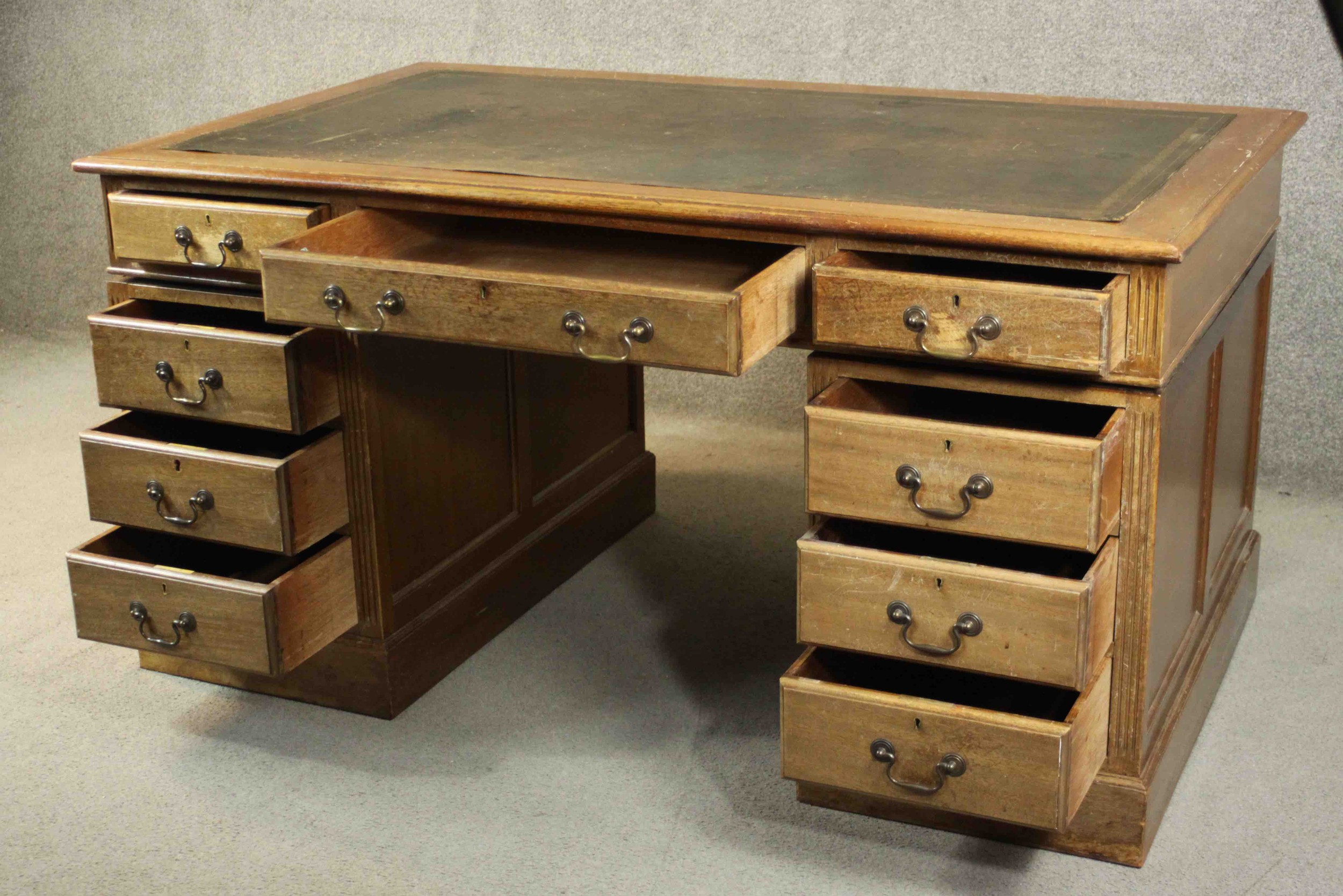 An early 20th century pedestal desk, with a leather writing insert over an arrangement of nine - Image 7 of 11