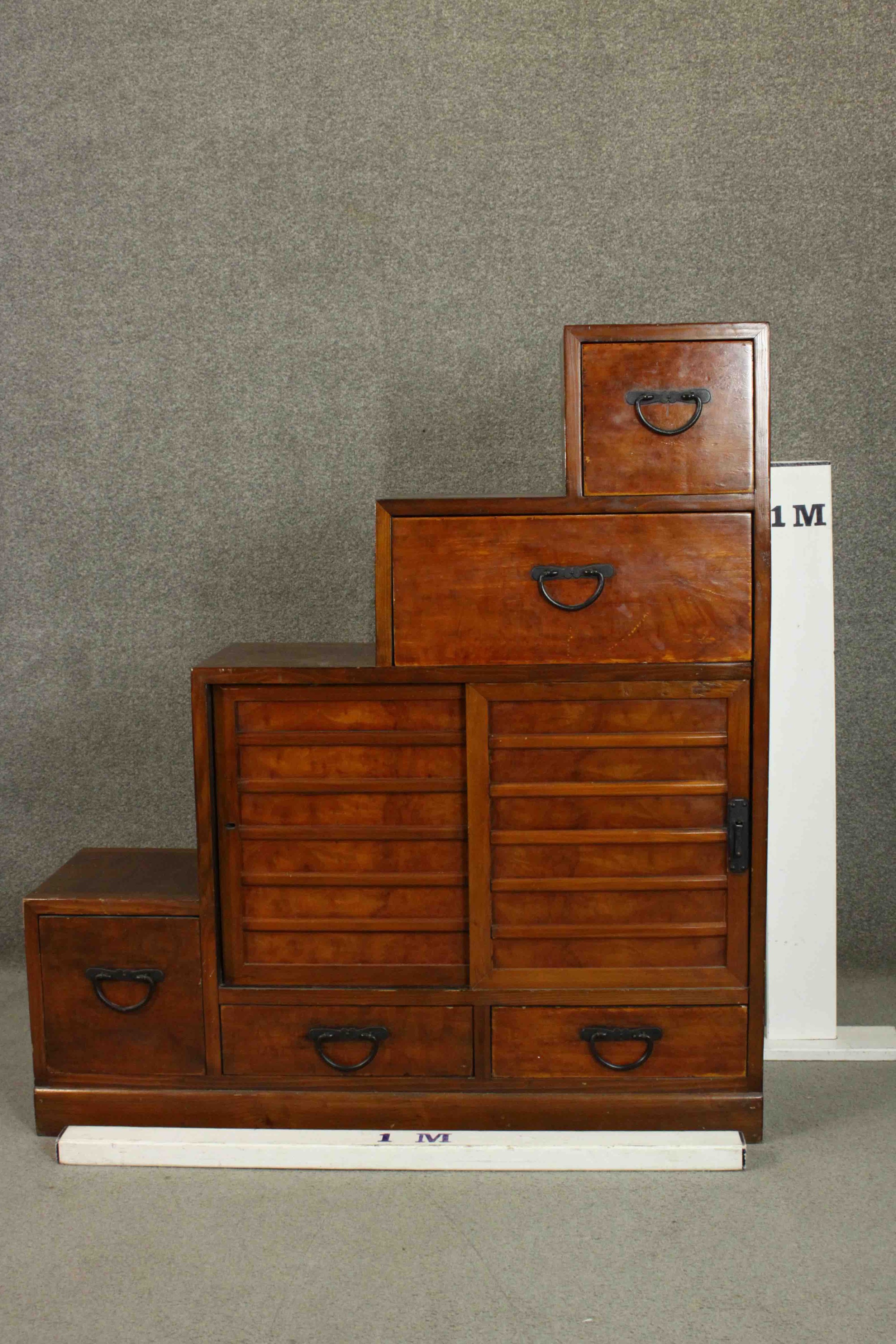 A stepped Japanese Tanshu hardwood chest, with an arrangement of five drawers. - Image 2 of 11