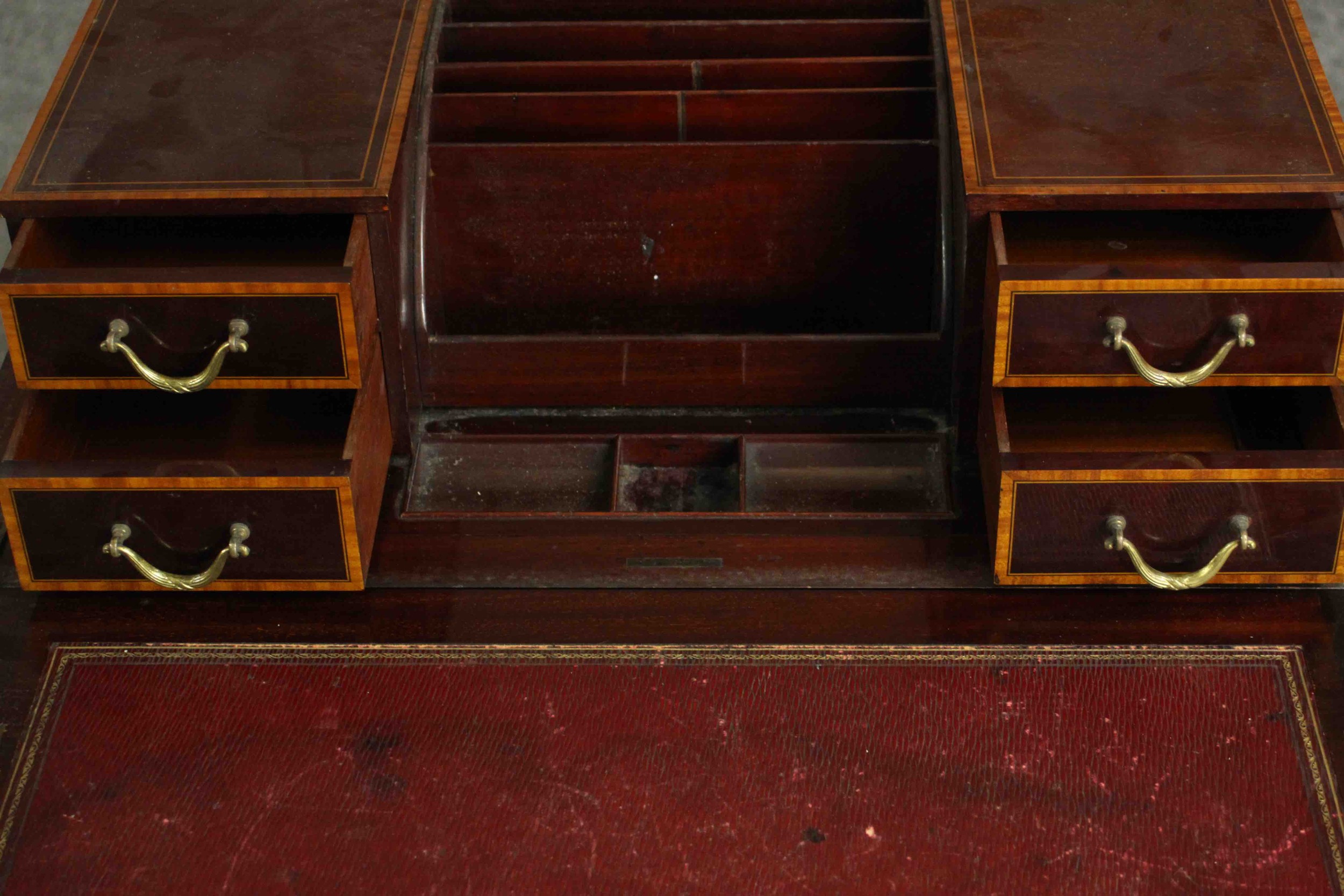 A circa 1900 mahogany and satinwood inlaid writing table, of rectangular form, the top opening to - Image 6 of 9