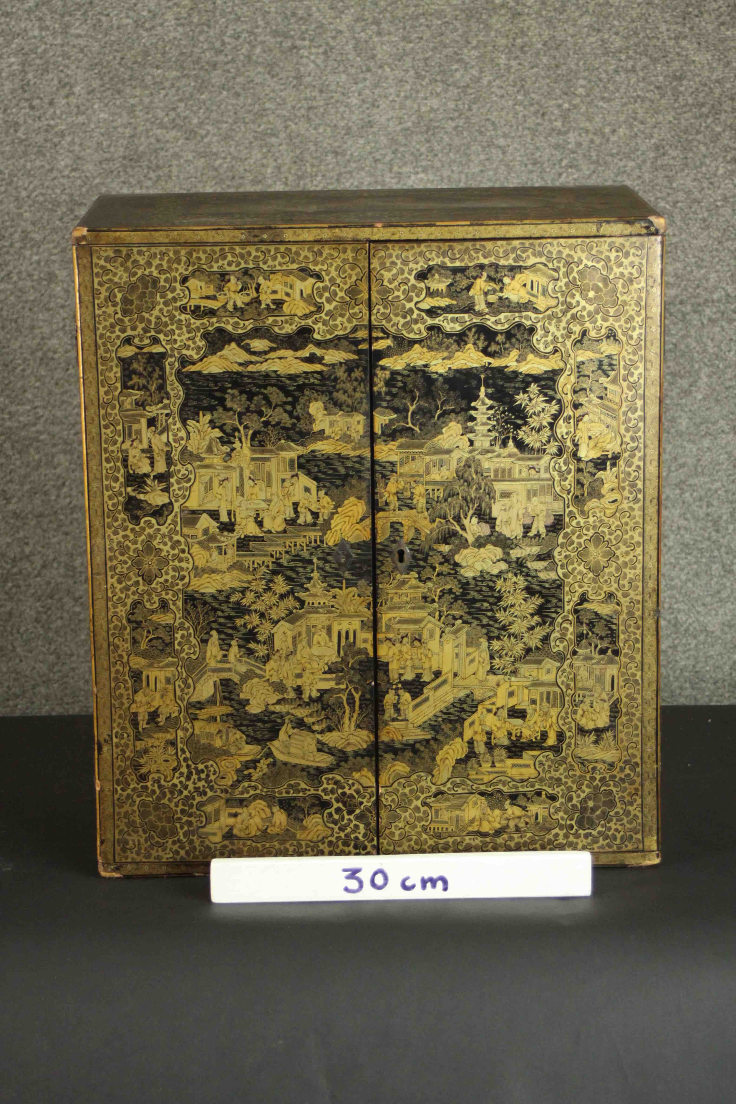 A 19th century Chinese gilt and lacquered table top cabinet with all over hand painted decoration - Image 2 of 7