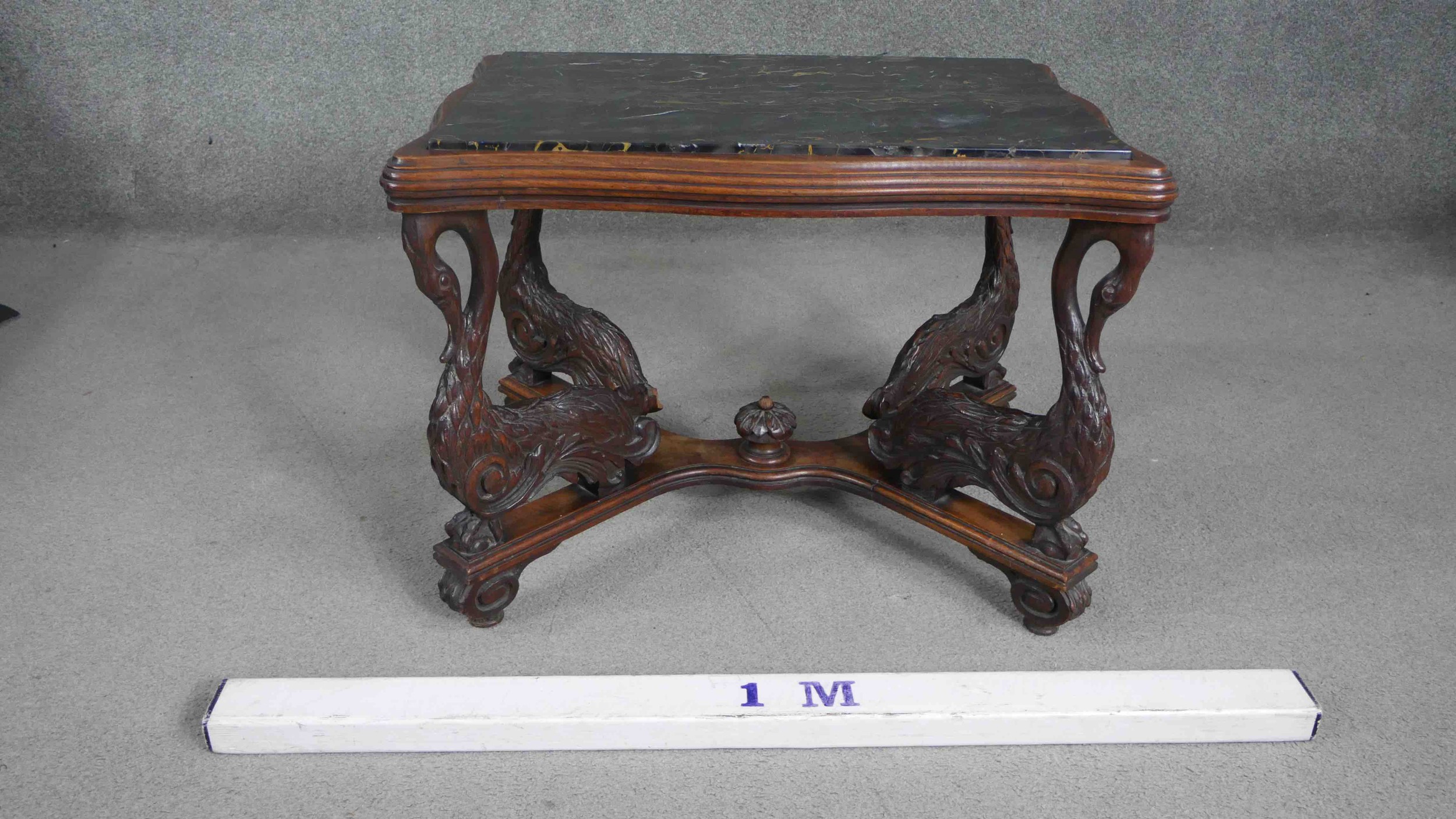 A 19th century Italian walnut centre table, of cartouche form with a marble top raised on carved - Image 2 of 6