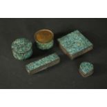 A collection of five early 20th century Tibetan brass and turquoise chip mosaic trinket boxes. H.3