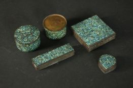 A collection of five early 20th century Tibetan brass and turquoise chip mosaic trinket boxes. H.3