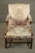 A 19th century mahogany Gainsborough style armchair in blush floral damask upholstery.