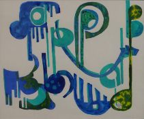 A framed and glazed abstract watercolour in blues and greens, indistinctly monogrammed. H.58 W.62cm