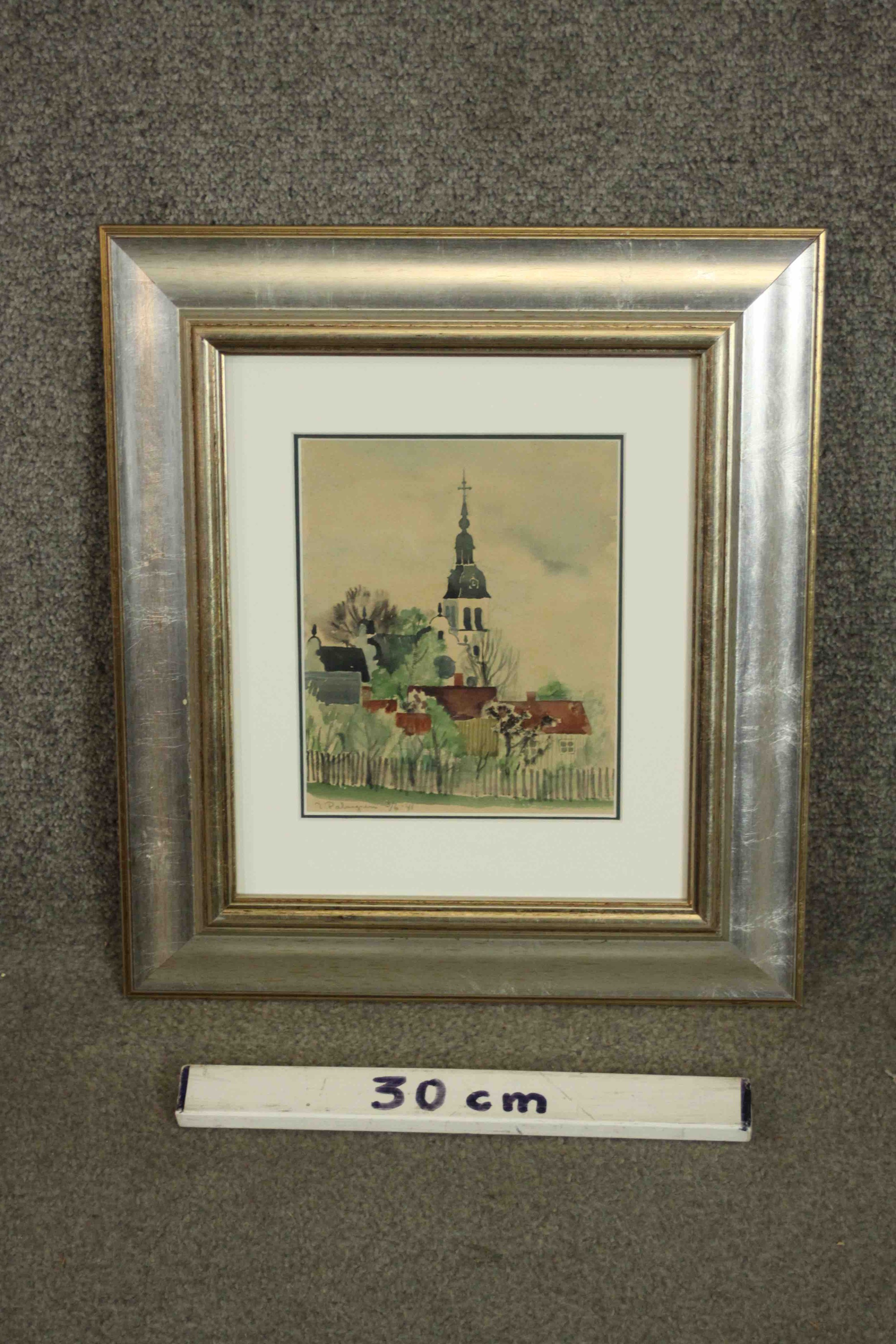 Inga Palmgren, watercolour of a town scene with church spire, signed. H.43 W.38cm - Image 3 of 4