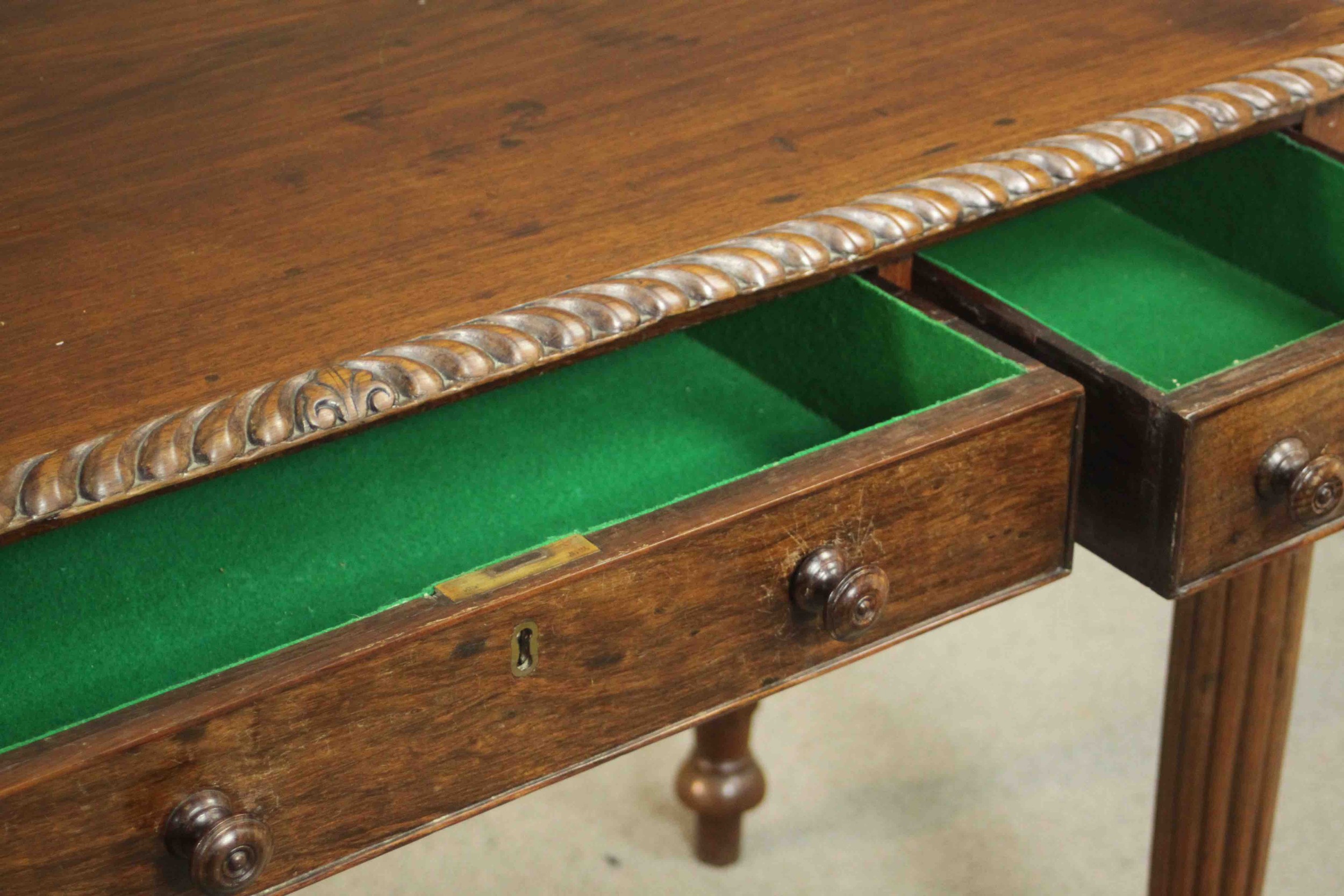 A George III Anglo-Indian side table, the rectangular top with a gadrooned edge, over three short - Image 12 of 13